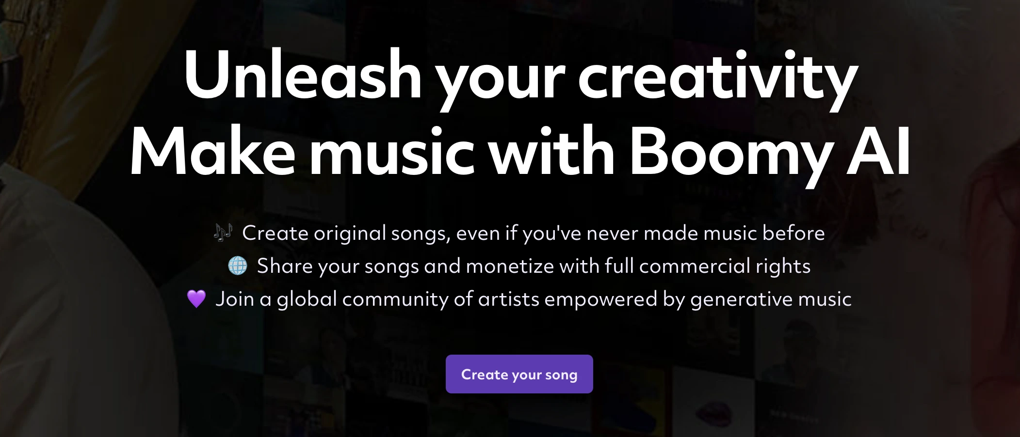 The homepage of Boomy AI.