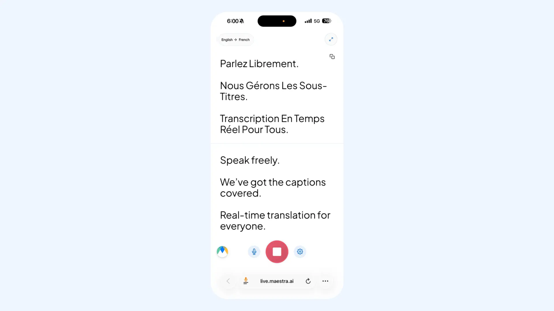 Maestra app interface showing a live translation session between English and French.