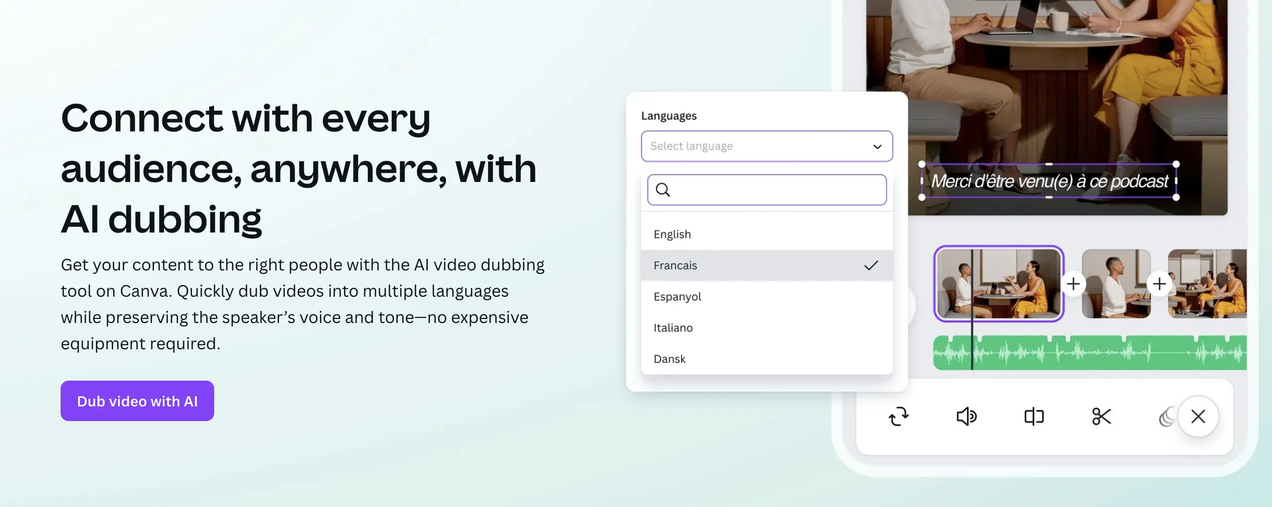 The web page of Canva's AI dubbing tool.