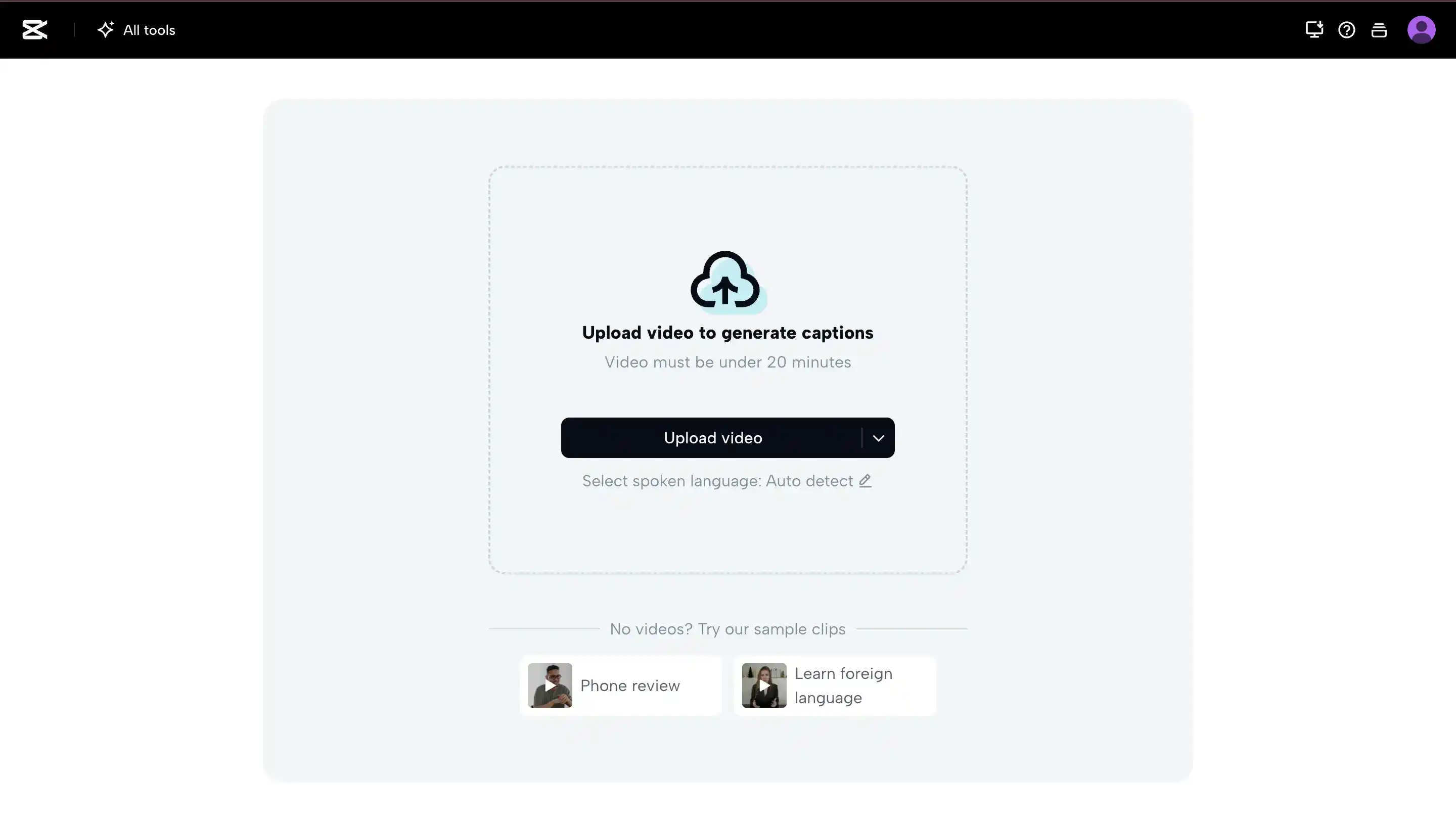 CapCut video upload interface for generating captions automatically as a free AI subtitle generator with no watermark