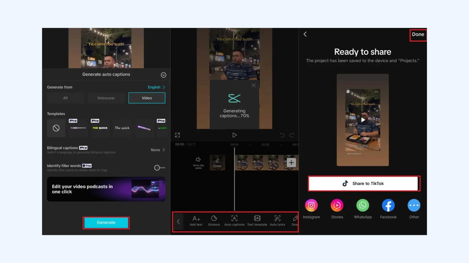 Three screenshots demonstrating the step-by-step process of generating auto captions in the CapCut app.