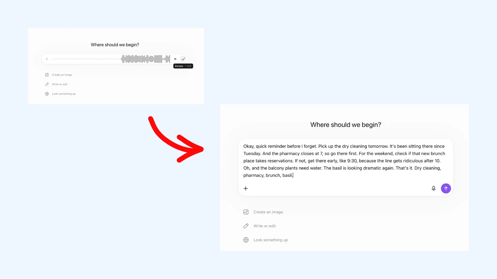 Two screenshots showing the process of dictating audio directly into ChatGPT's text input field.