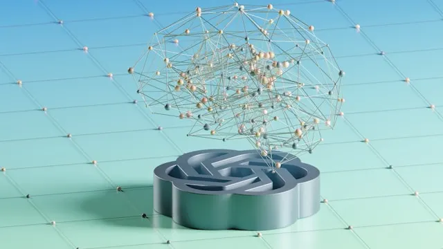 3D rendering of the ChatGPT logo supporting a wireframe brain.