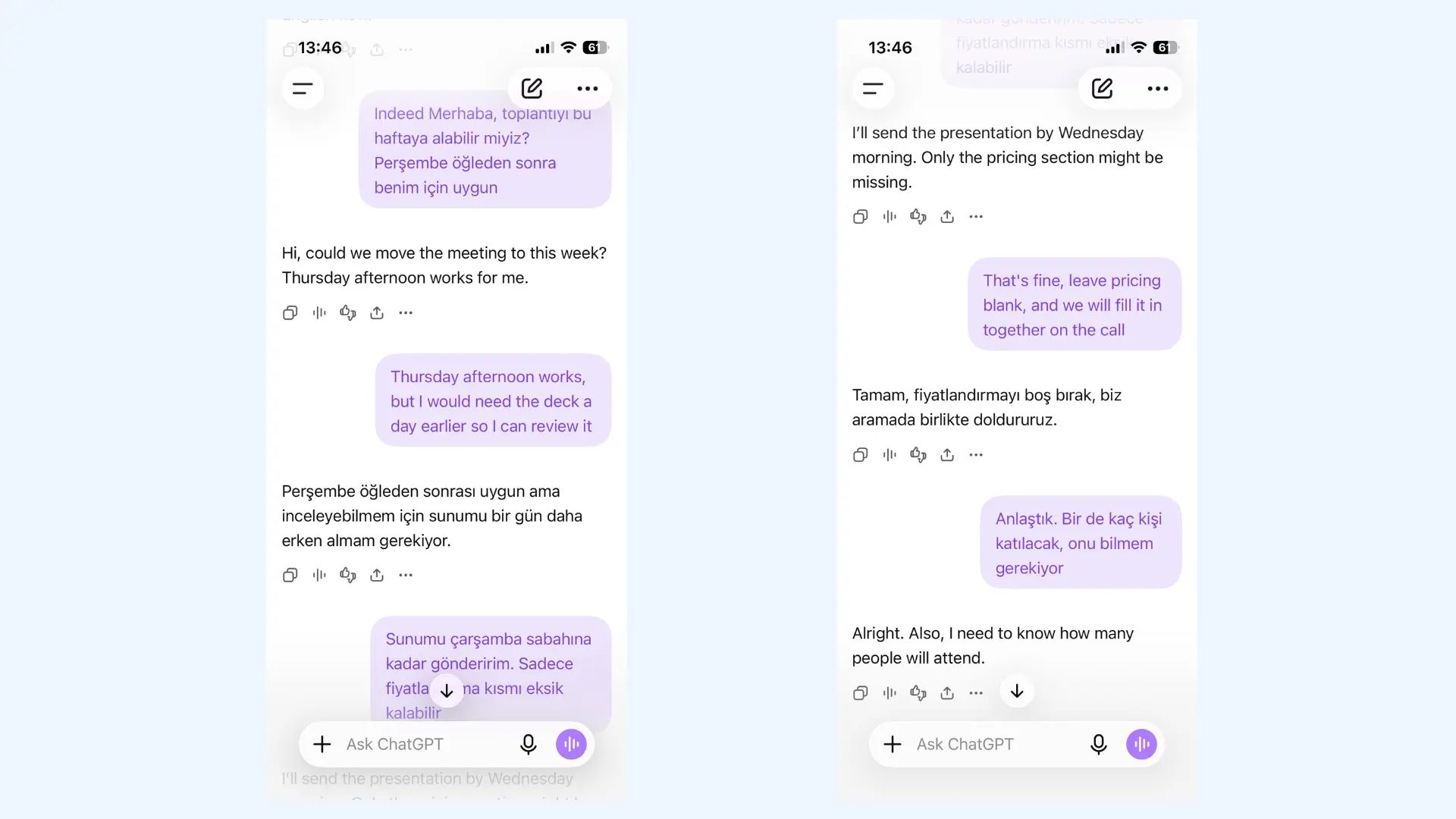 Side-by-side ChatGPT screenshots displaying a two-way live translation conversation between Turkish and English.