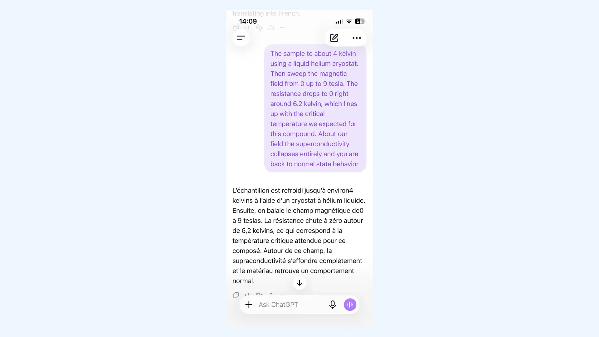 ChatGPT app showing a detailed technical scientific message in English translated into French.