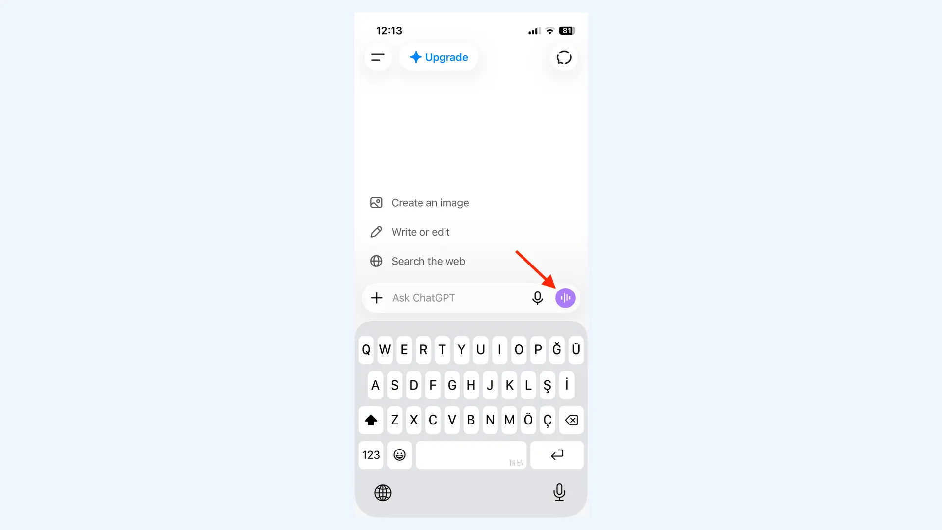 ChatGPT mobile app screen with a red arrow pointing to the purple voice mode icon.