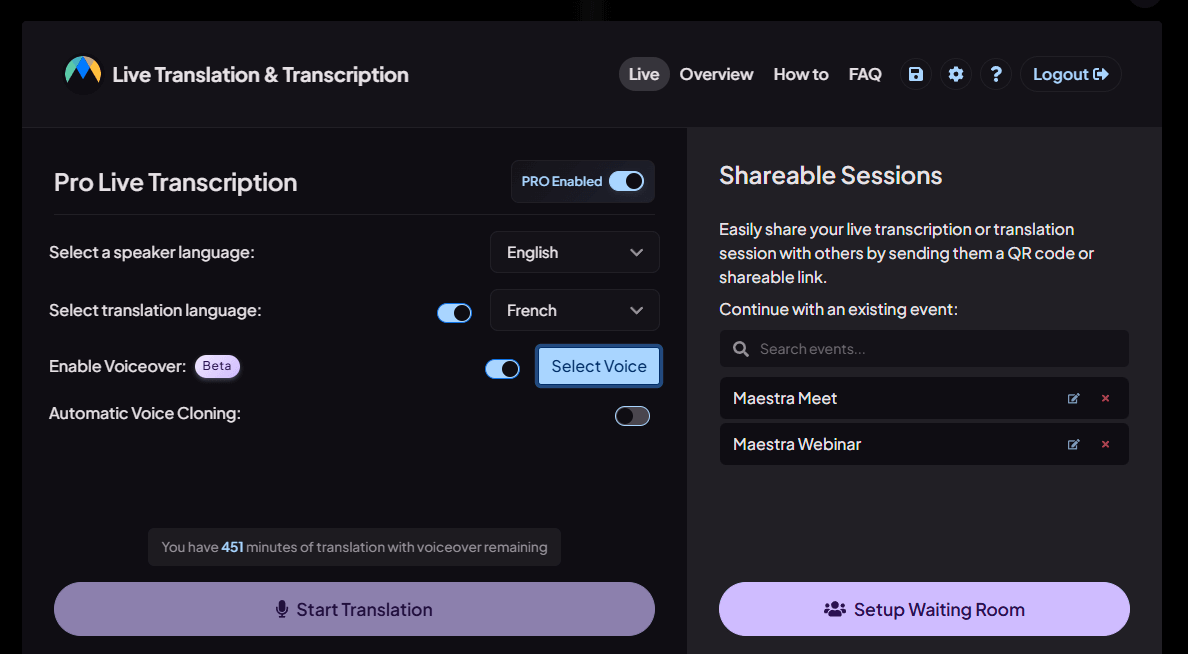 The interface of Maestra's live meeting transcription app.