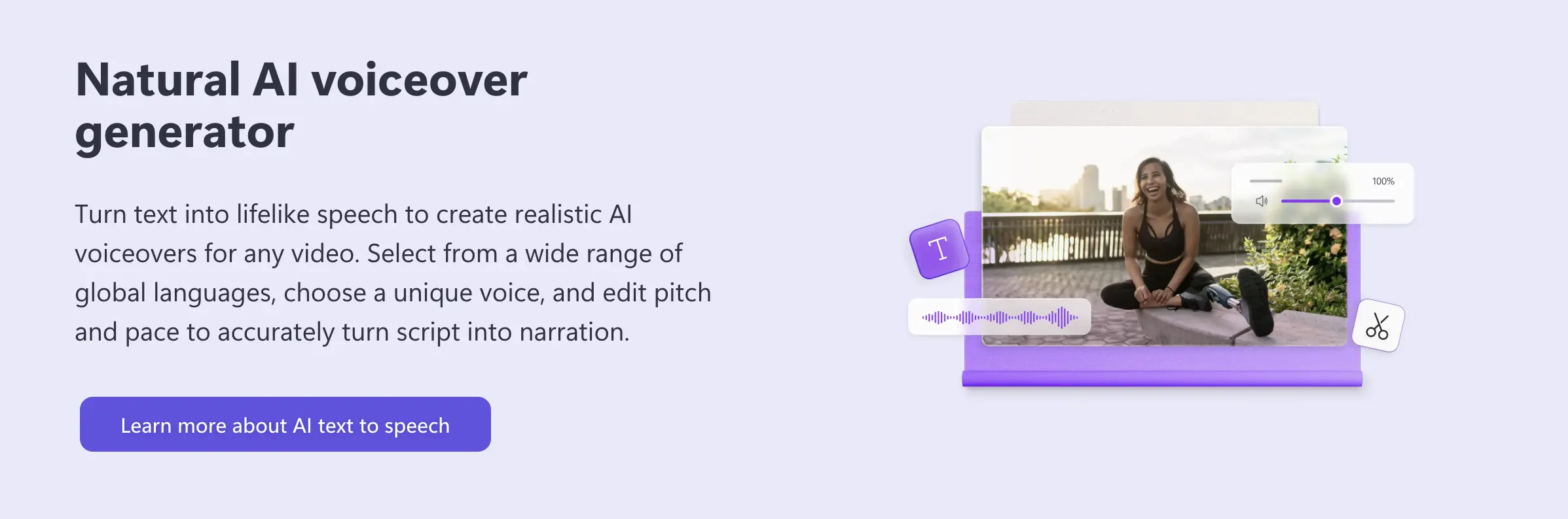 The web page of Clipchamp highlighting the tool's text-to-speech and voiceover features.