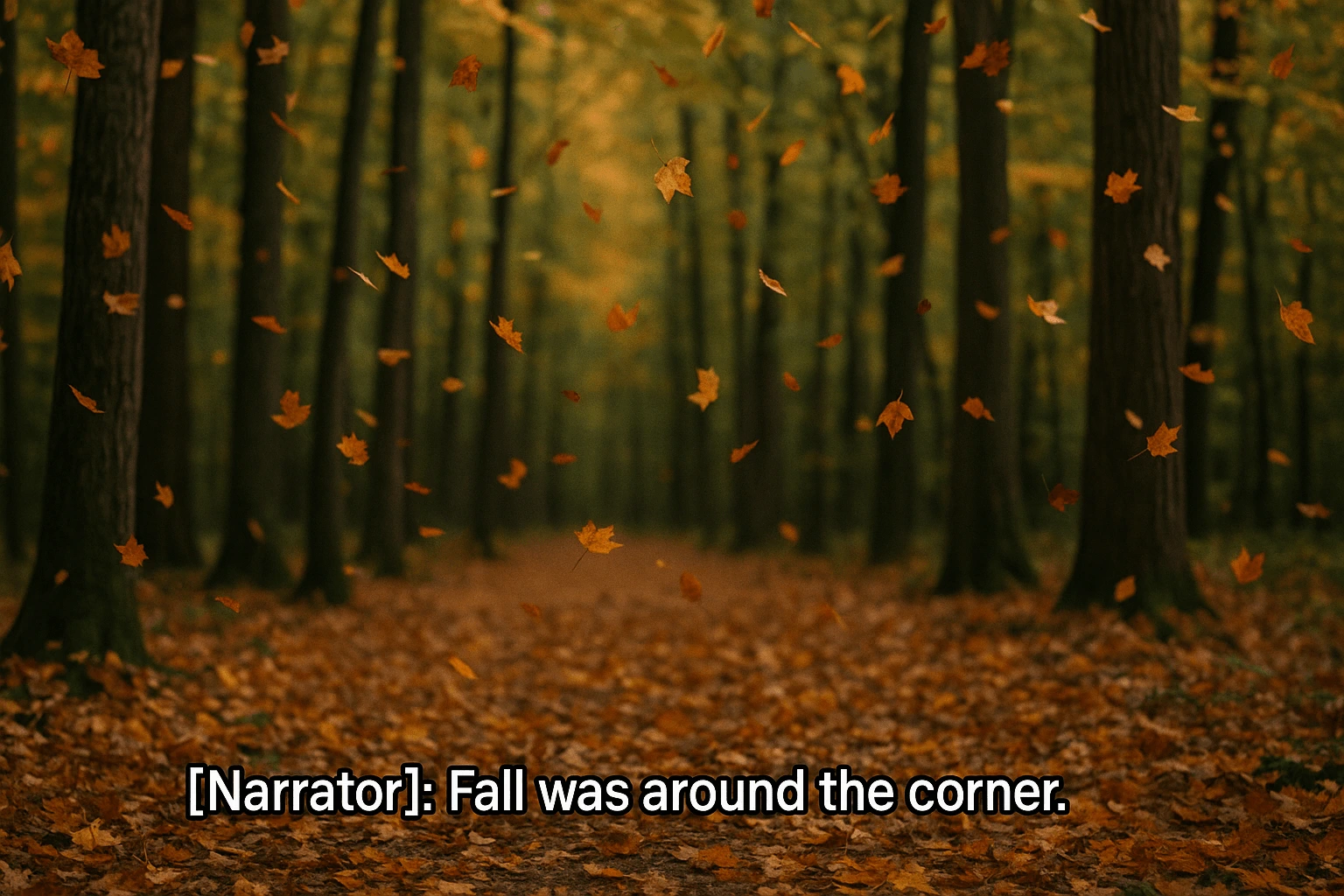 Autumn leaves fall in a forest, with the caption "[Narrator]: Fall was around the corner."