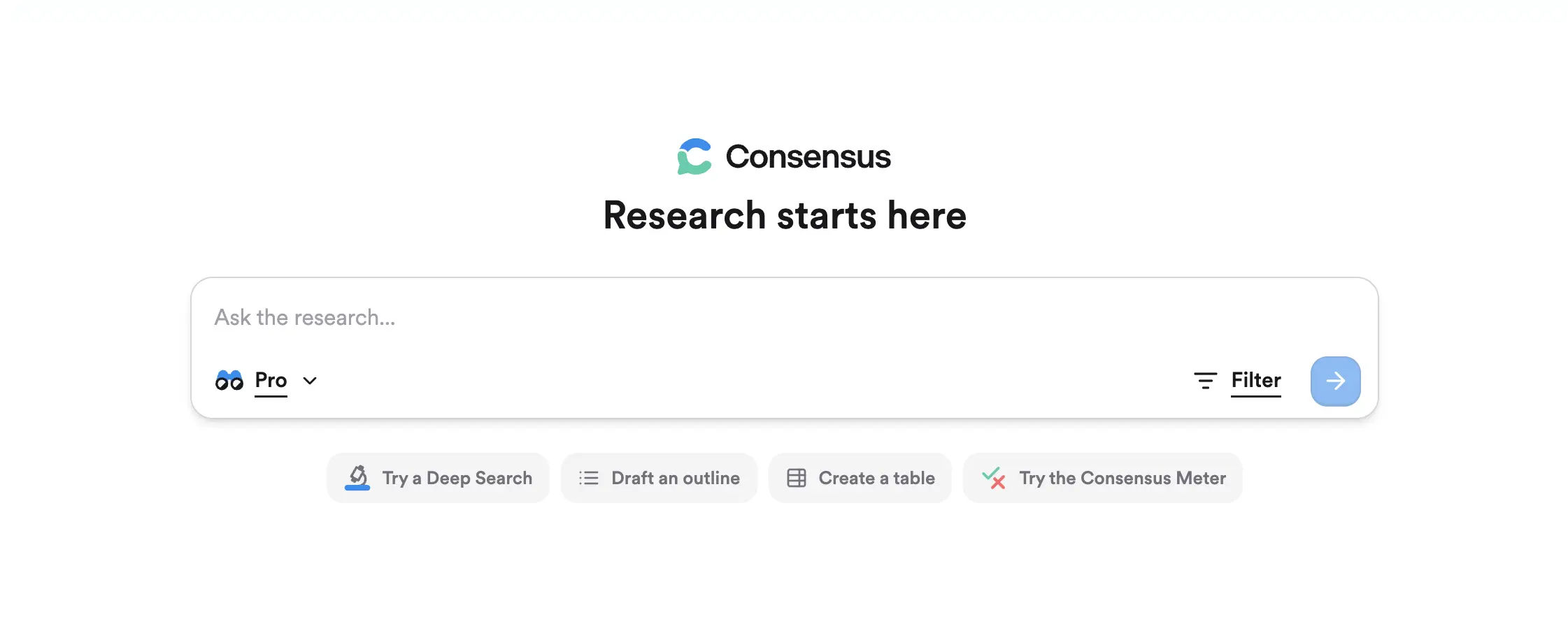 The homepage and interface of Consensus.