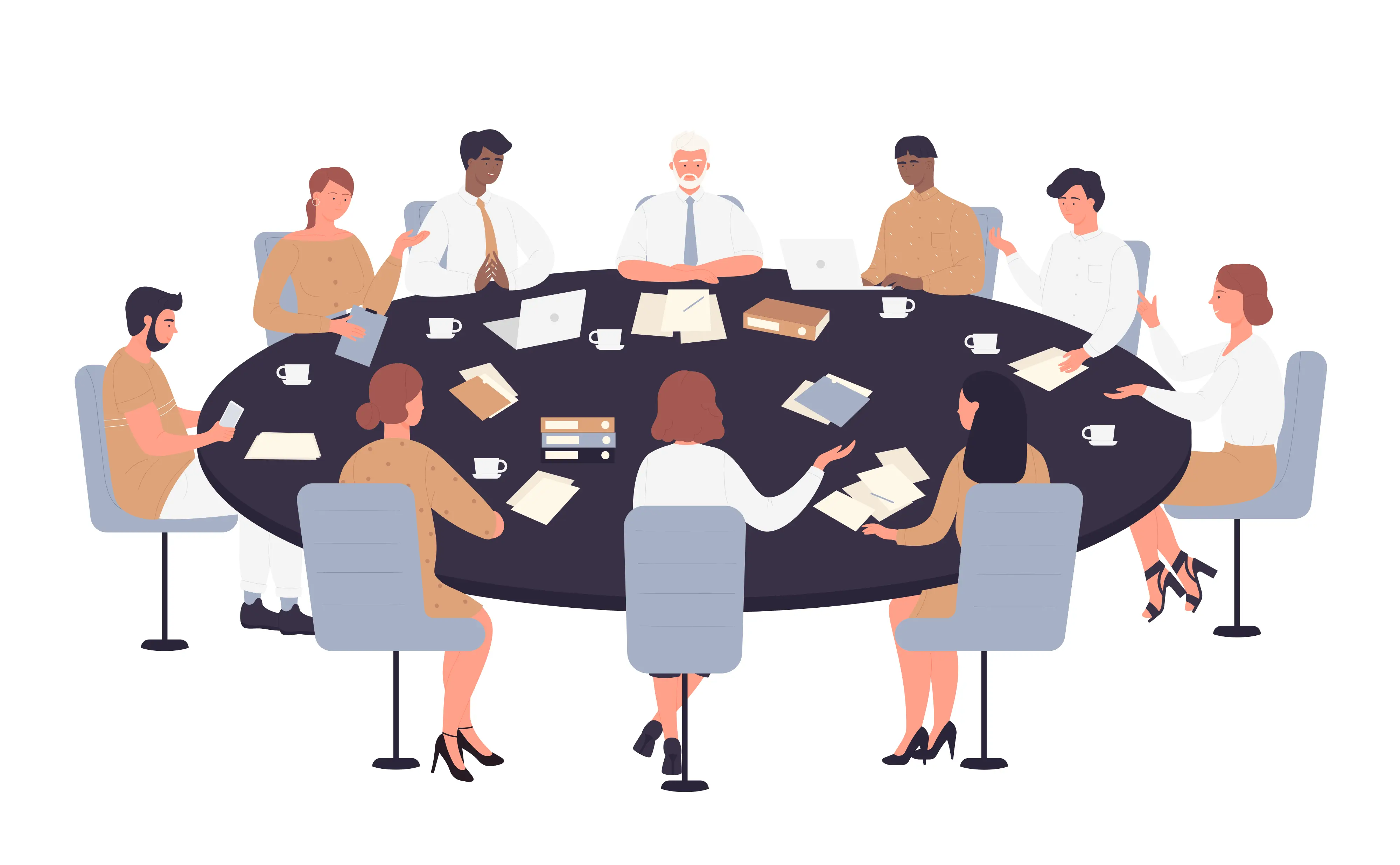 An illustration of a diverse group of professionals sitting around a large round table during a business meeting.