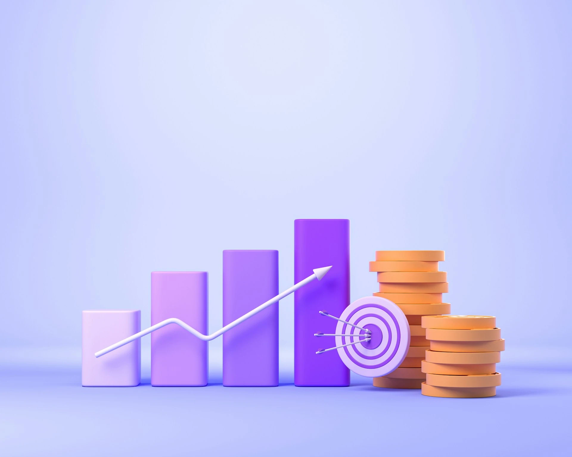 3D illustration of a rising bar chart, a bullseye target, and stacks of coins.