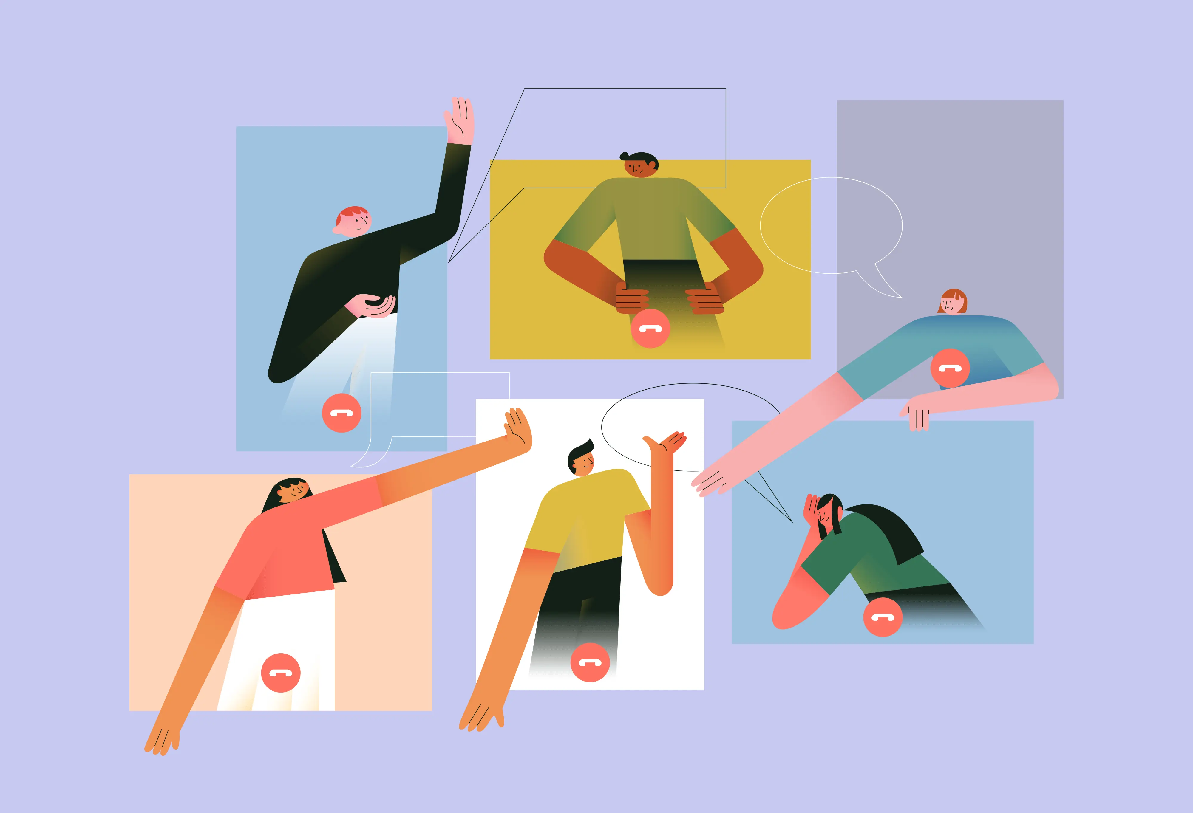 An abstract illustration of a diverse group of people participating in a virtual video call.