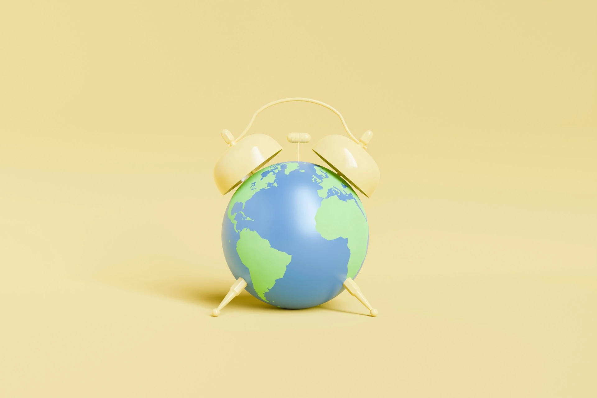 A 3D illustration of an alarm clock where the face is replaced by a globe.