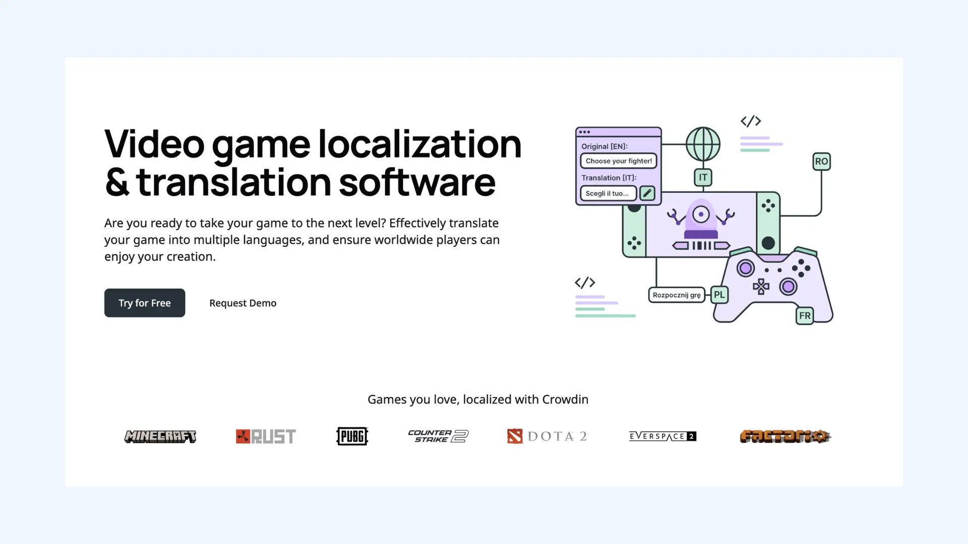 Crowdin web page for video game localization and translation software.