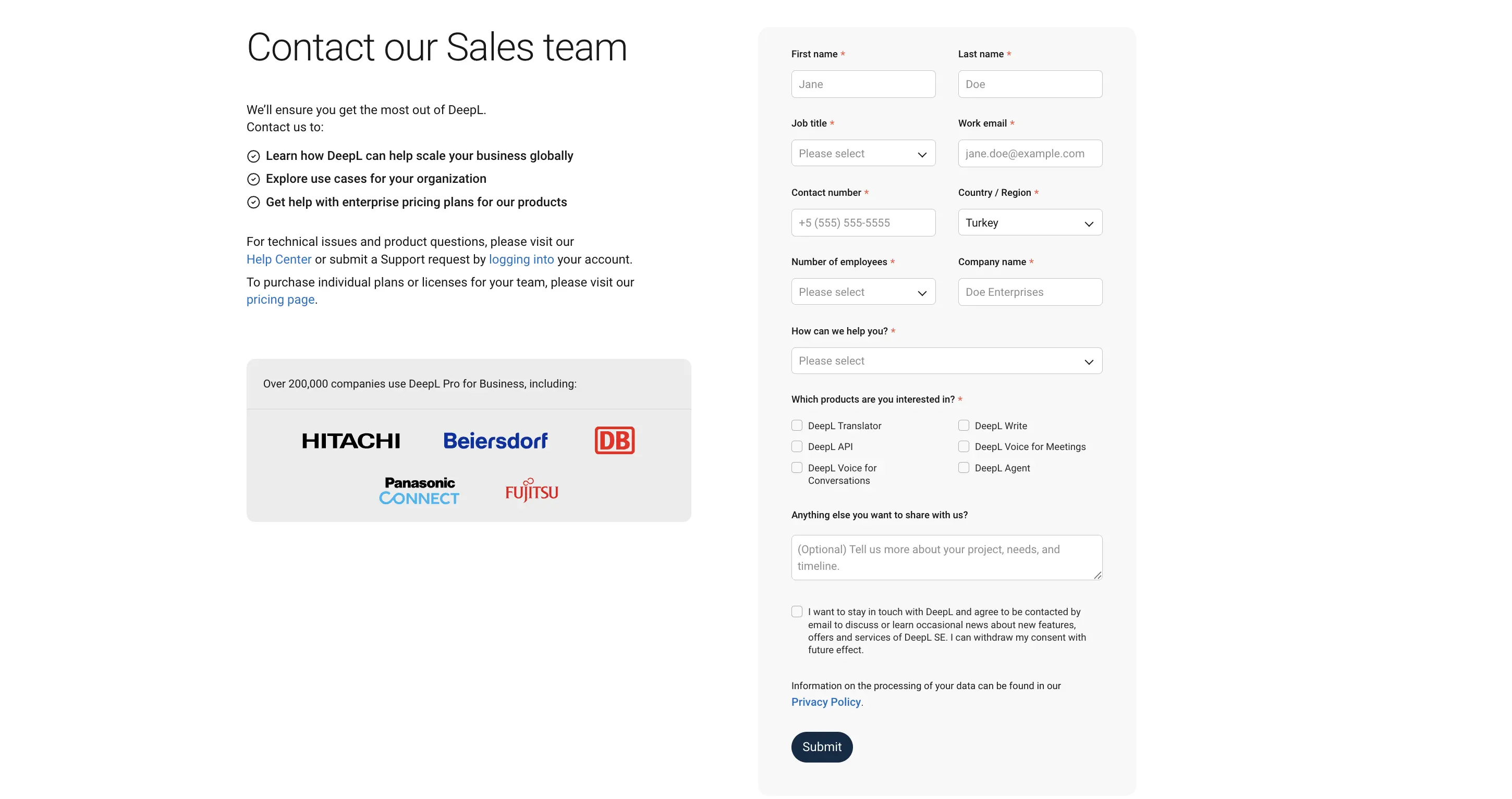 Contact page of DeepL Voice for Meetings for custom pricing.