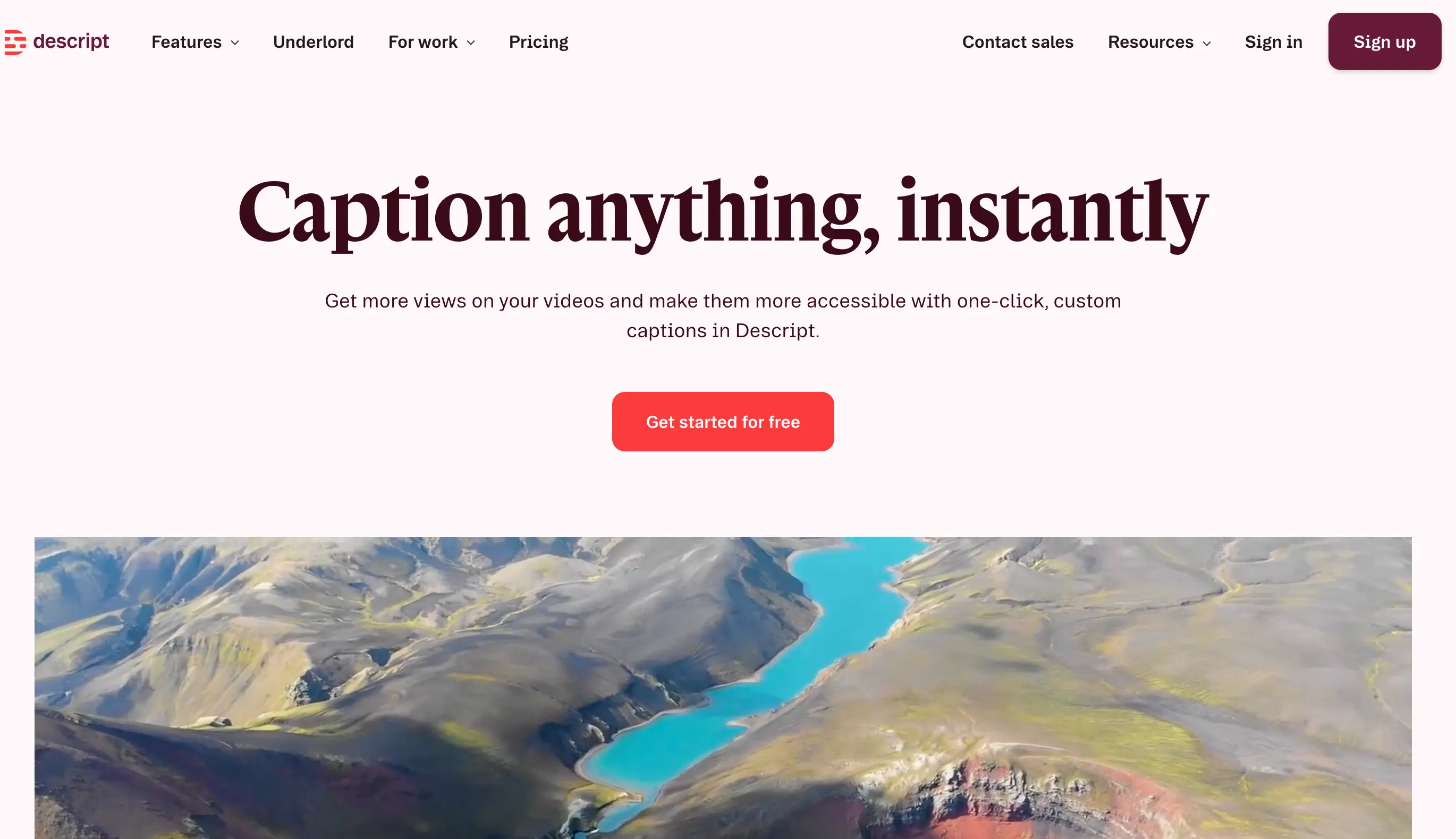 Descript captioning homepage showing one-click subtitle generation 