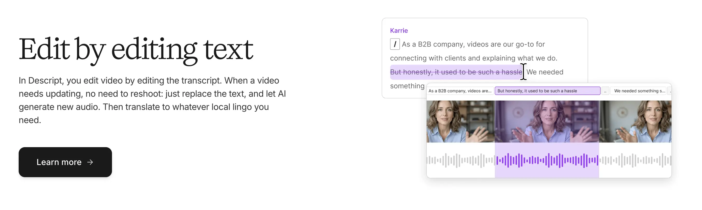 Descript's text-based video editing and localization feature.