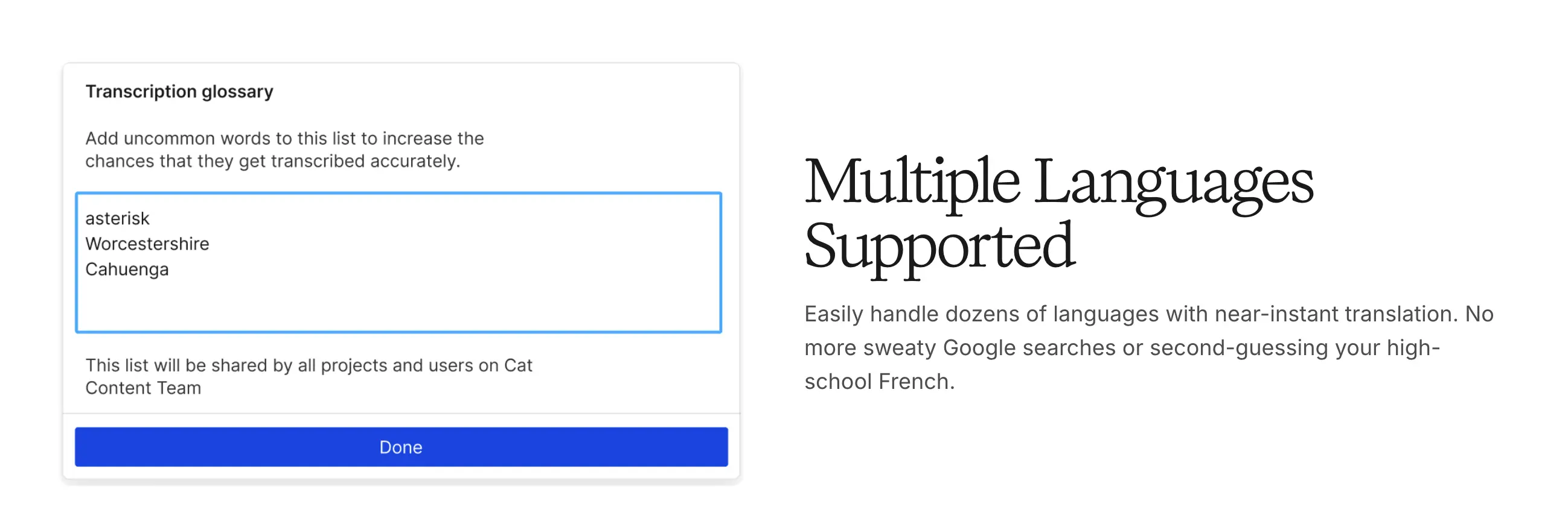 The web page of Descript for subtitle translation.