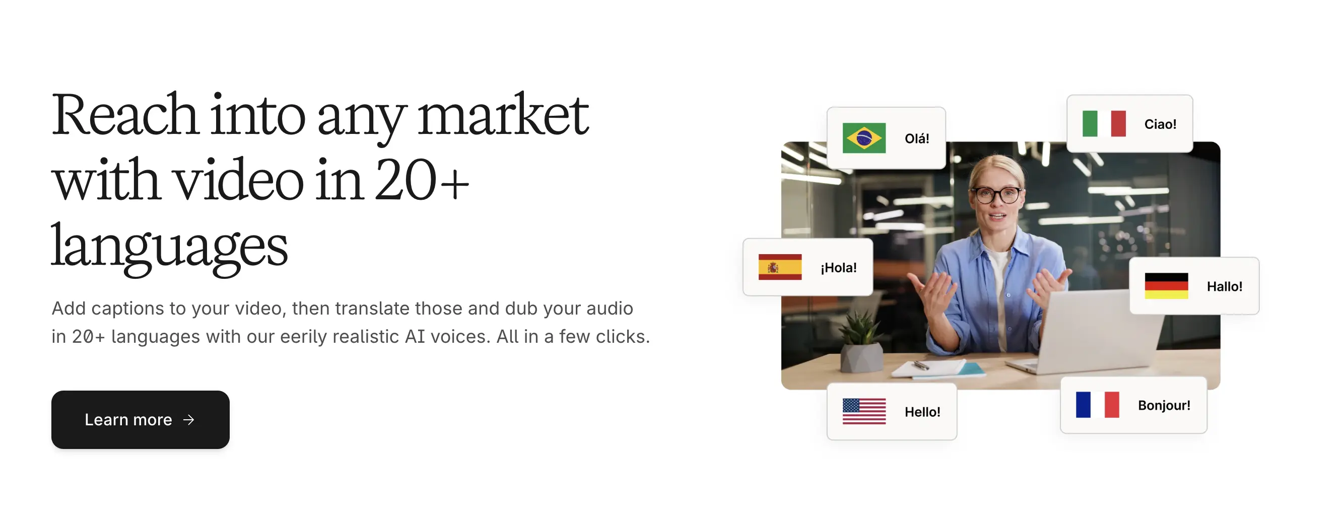 The web page of Descript for AI video dubbing and subtitling.