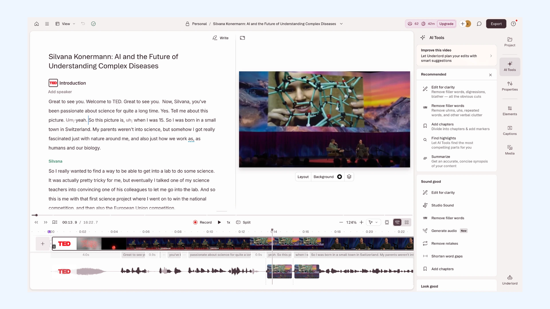 Descript editor showing a video project with a transcript on the left and AI tools panel on the right.