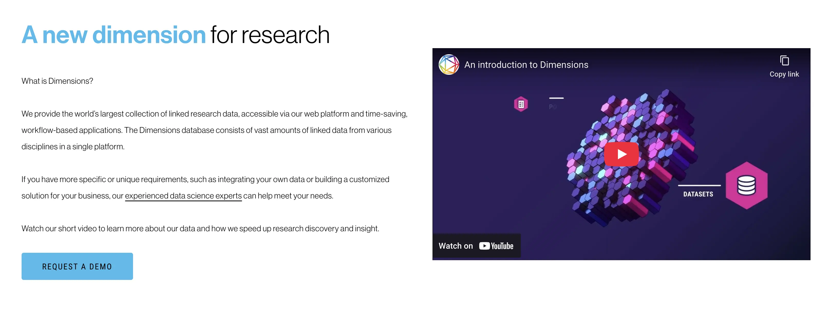 The homepage of Dimensions AI.