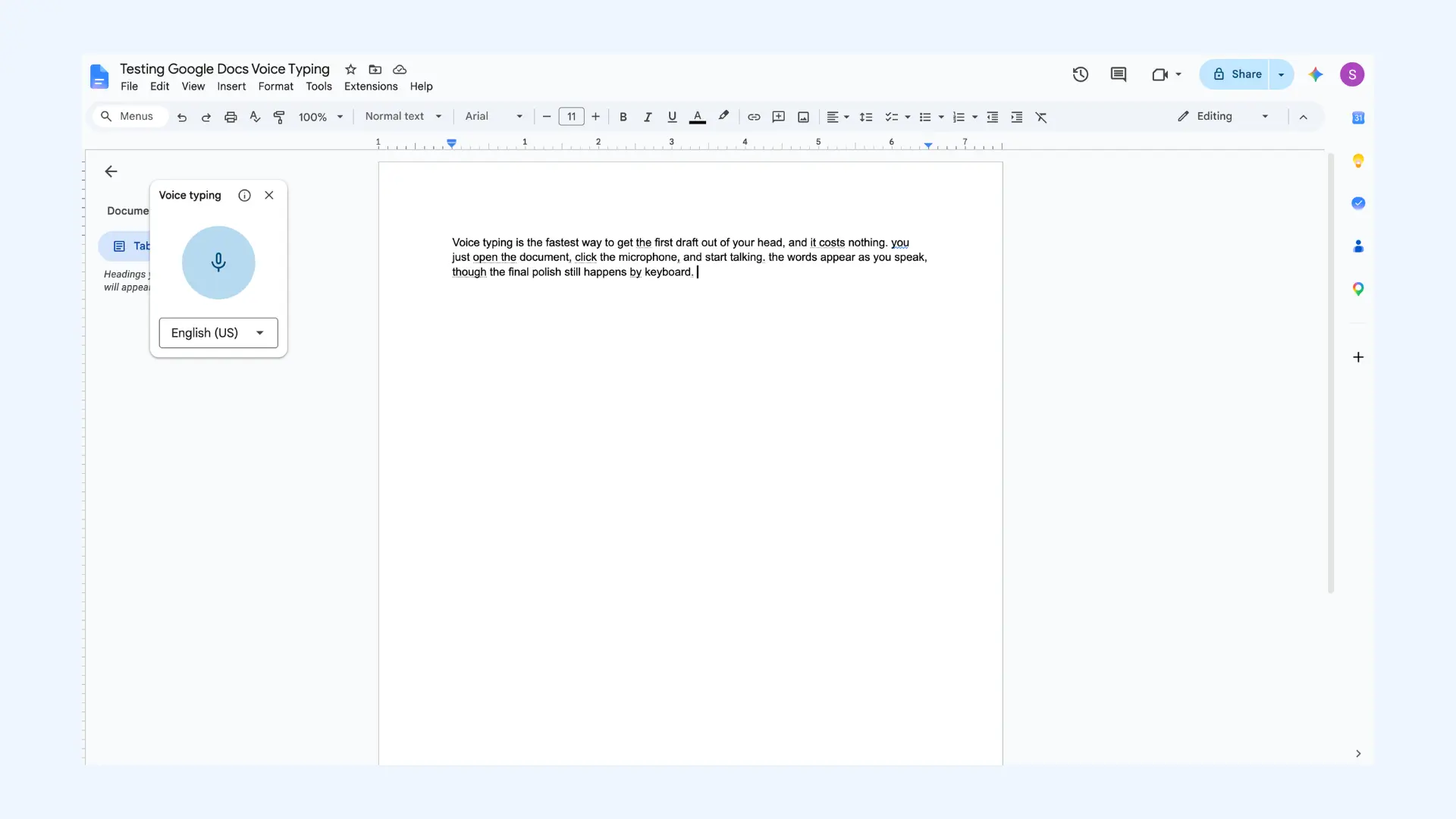 Google Doc with the Voice Typing tool active, showing transcribed text on the document page.