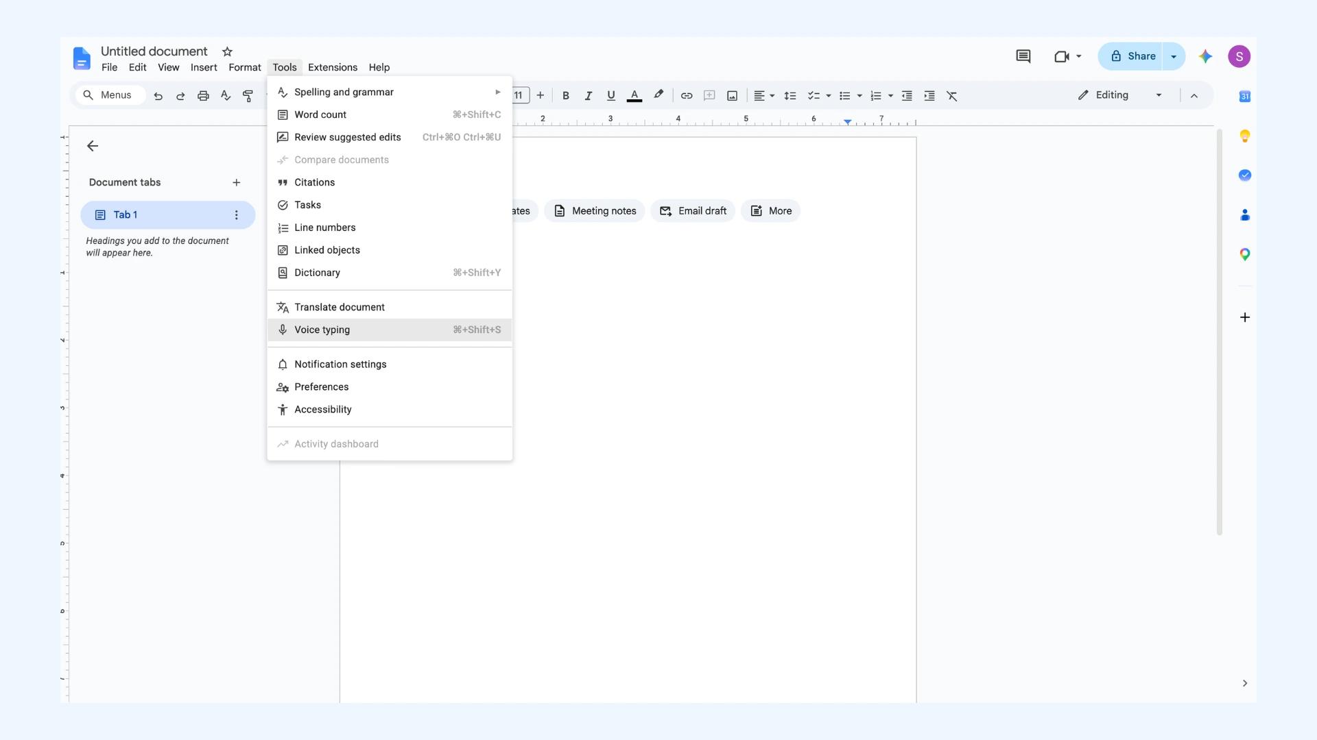 A Google Doc with the "Tools" dropdown menu open, highlighting the "Voice typing" option.