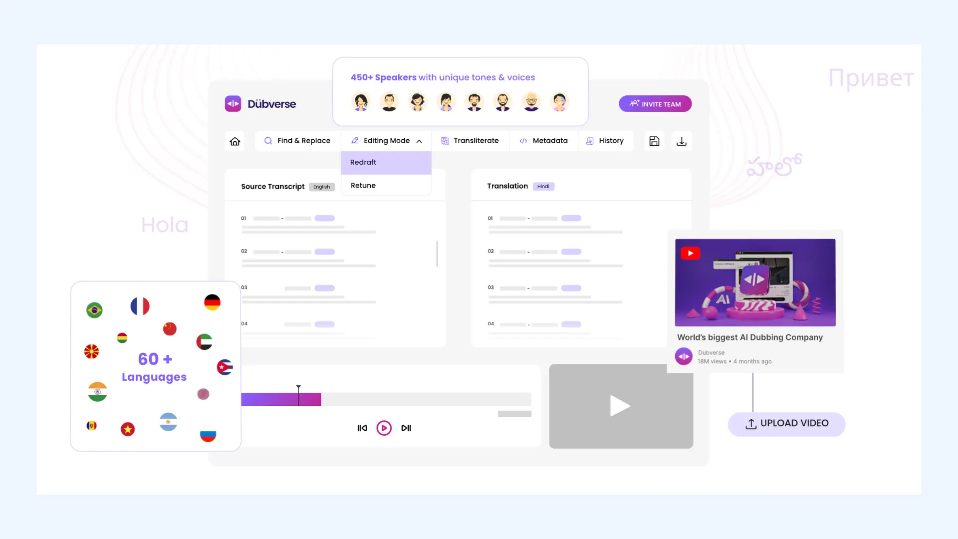 The interface and key features of Dubverse.