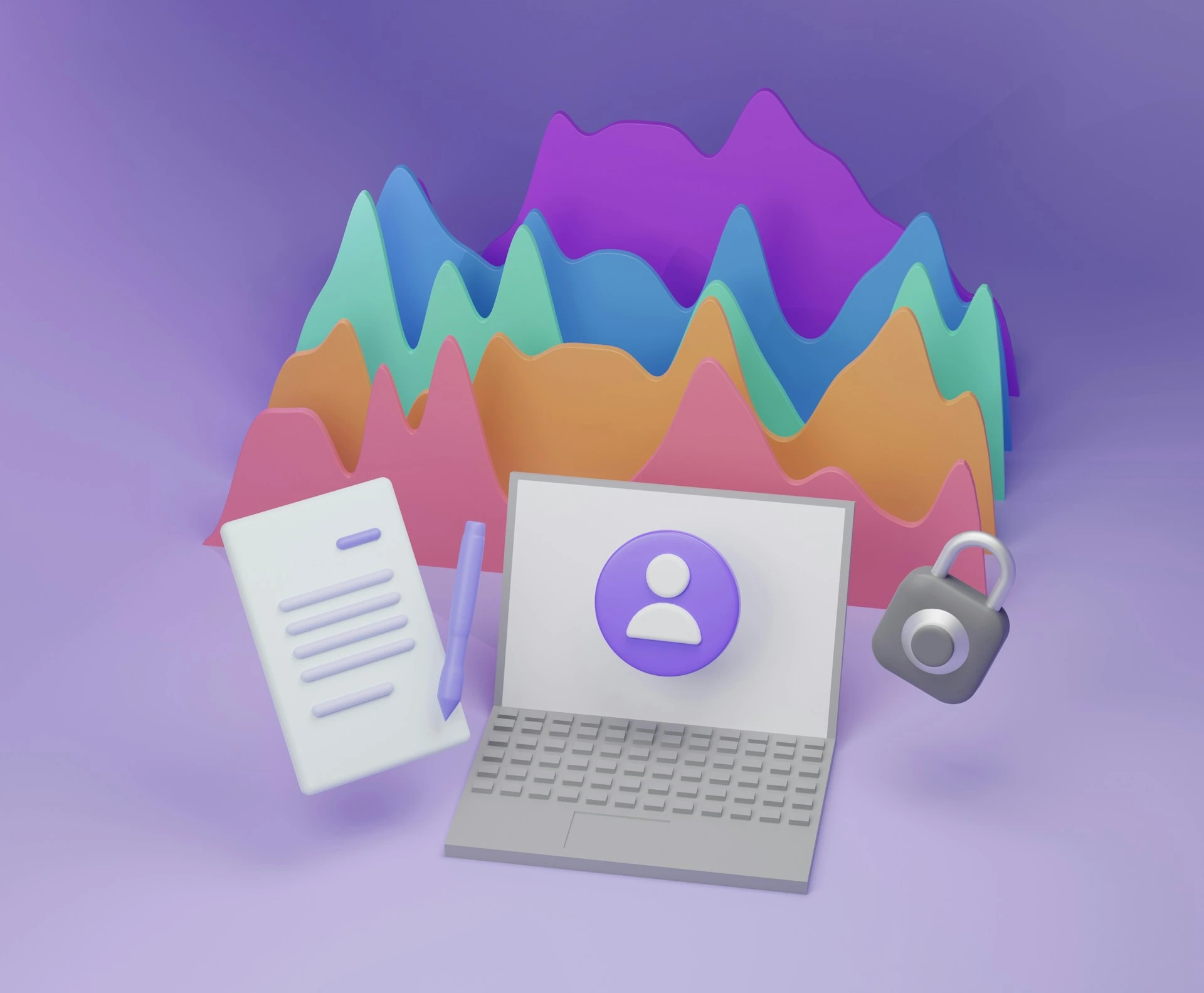 3D illustration of a laptop with a user icon, a document, and a padlock.