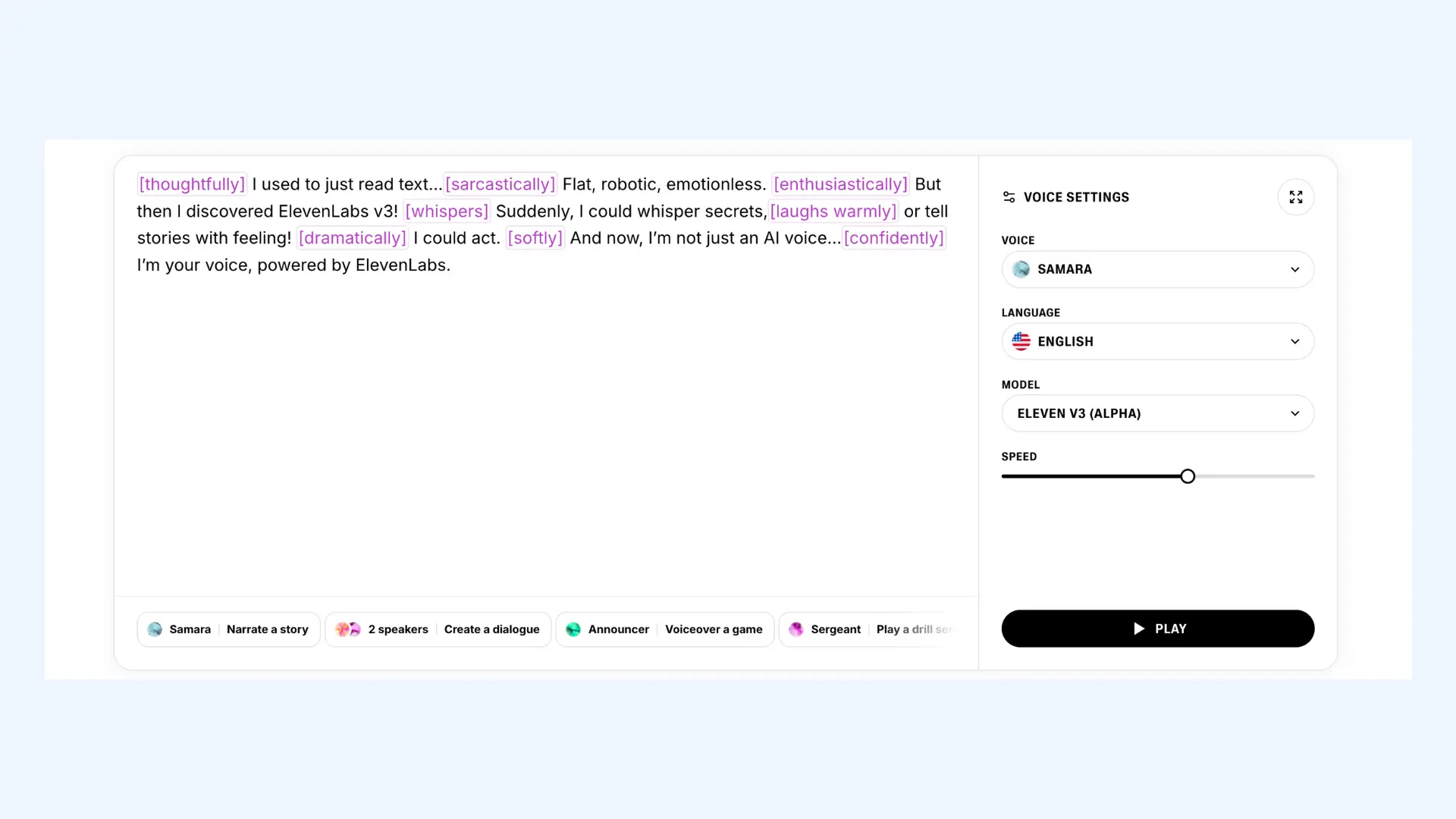 The interface of ElevenLabs AI voice generator.