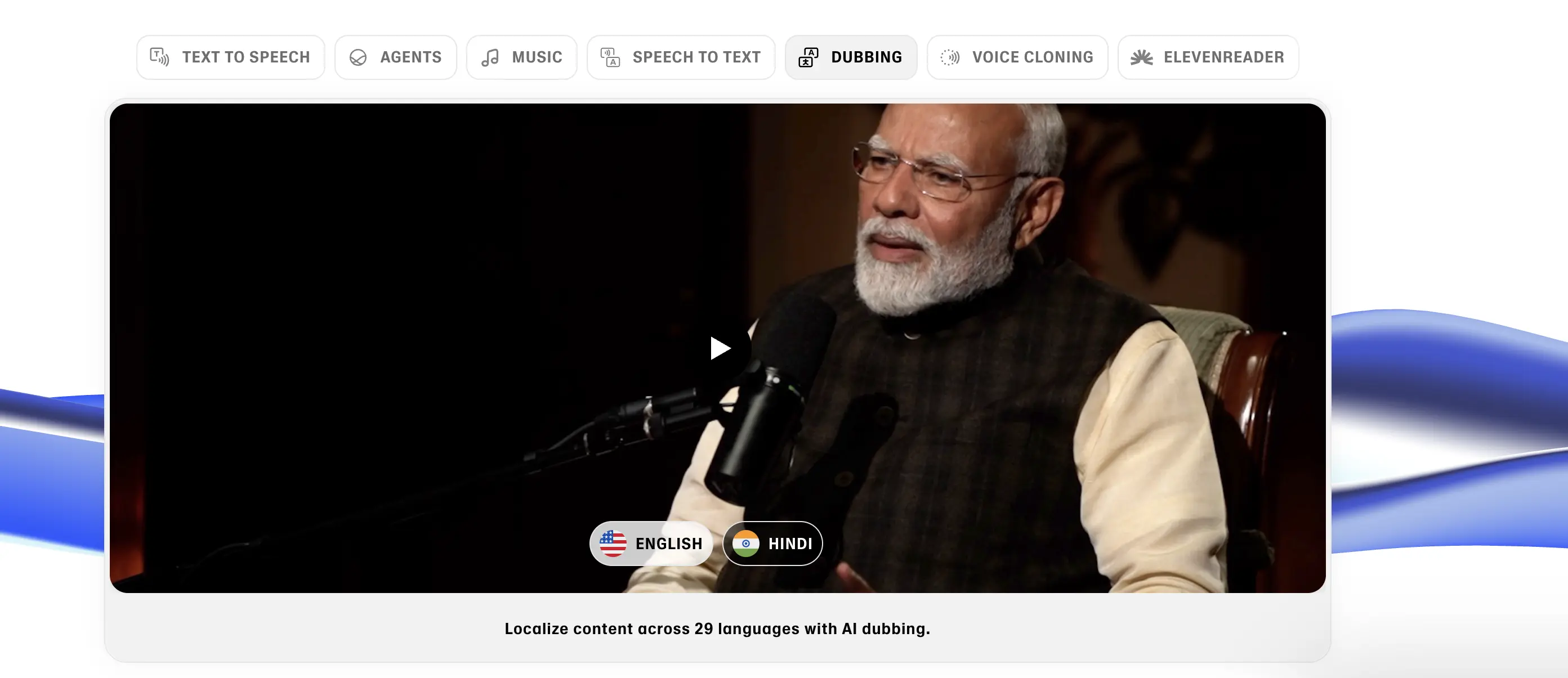 The homepage of ElevenLabs highlighting the platform's dubbing feature.