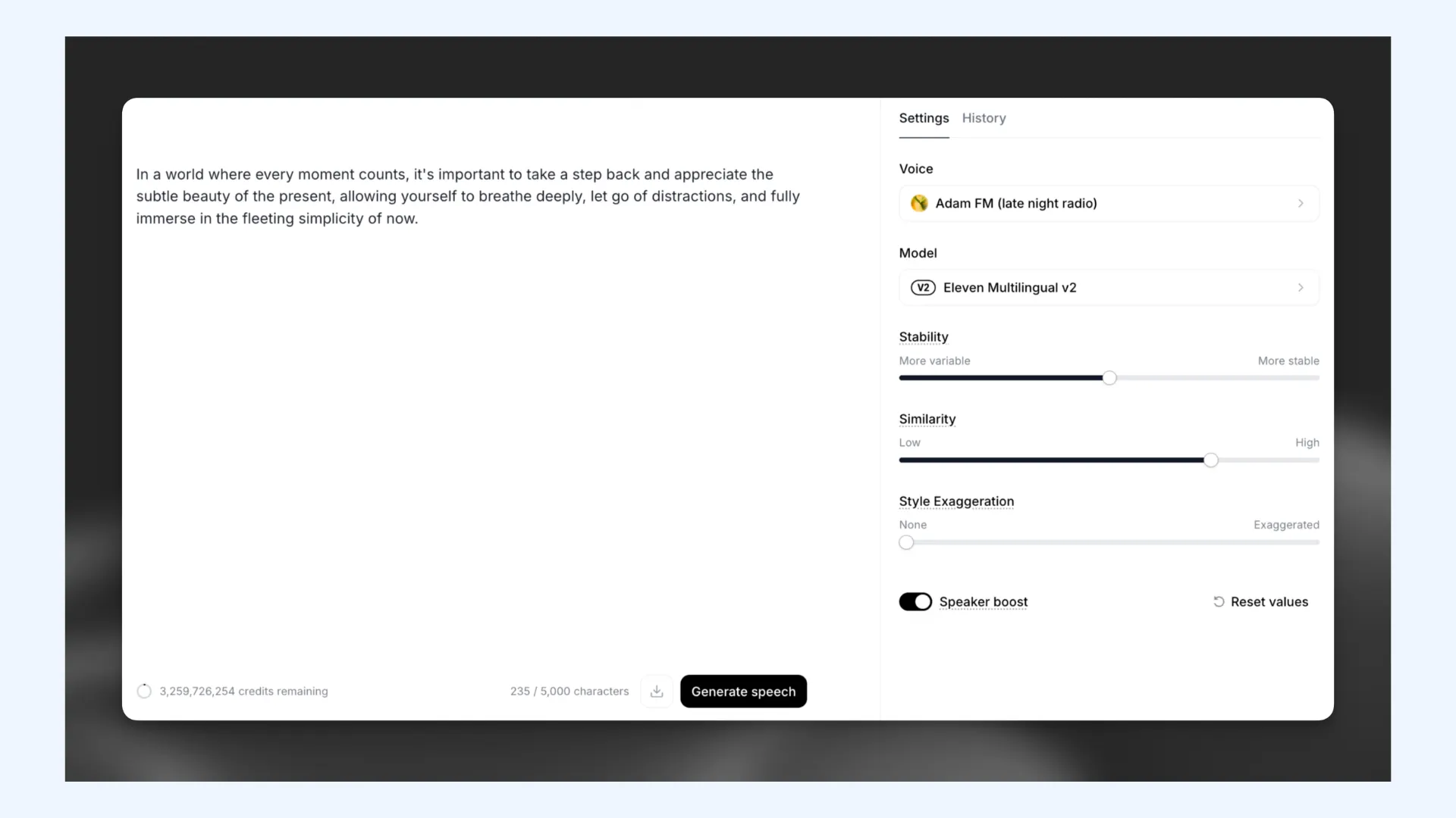The interface of ElevenLabs' text to speech software.