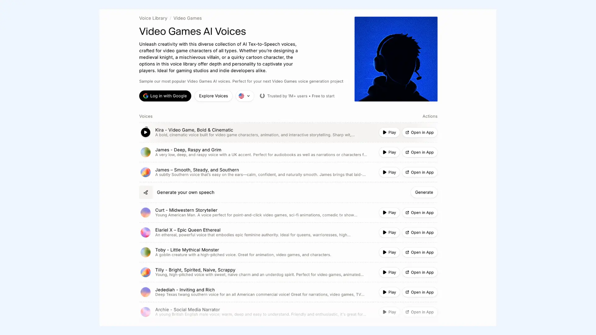ElevenLabs AI voice library interface for video game characters.