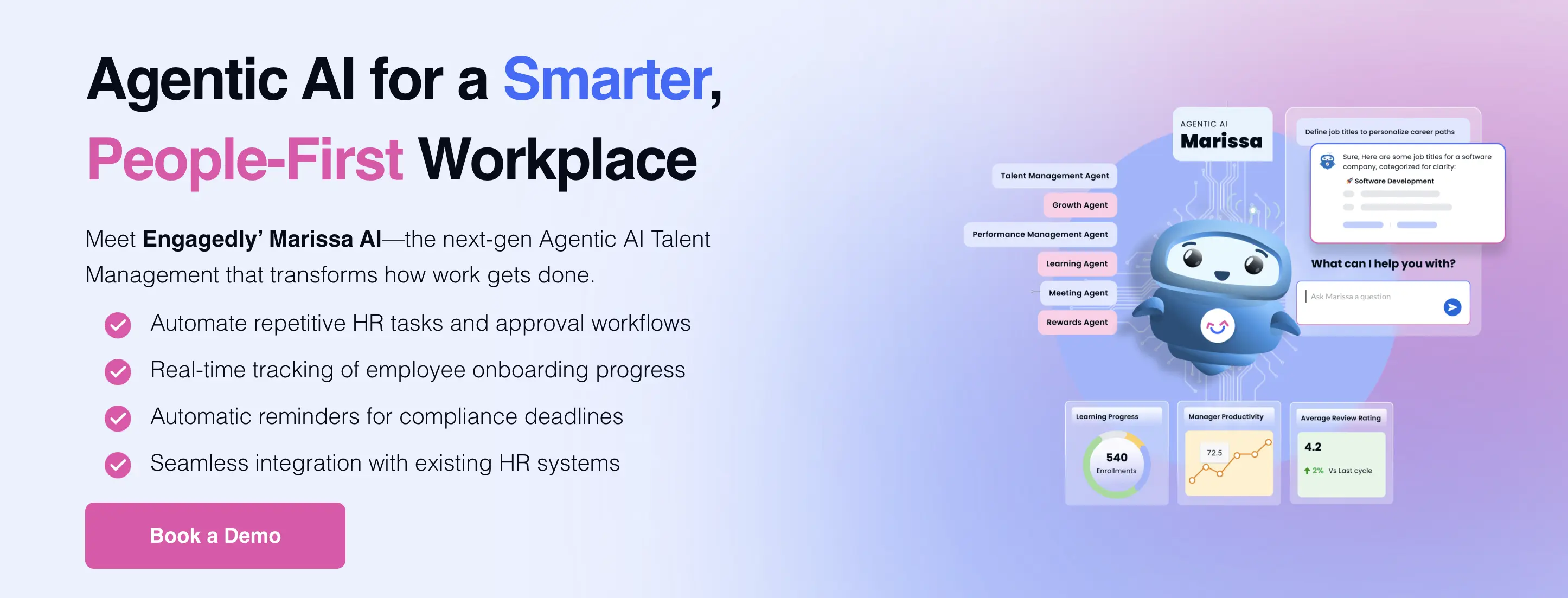 The web page of Engagedly's agentic AI talent management tool Marissa.