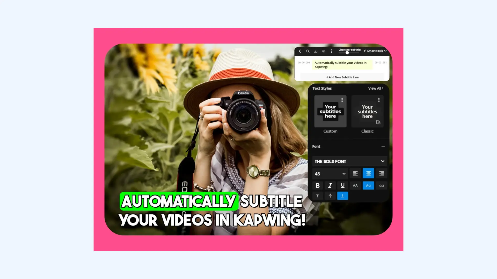 Kapwing video editing interface showing subtitle styling tools over a video preview of a photographer.
