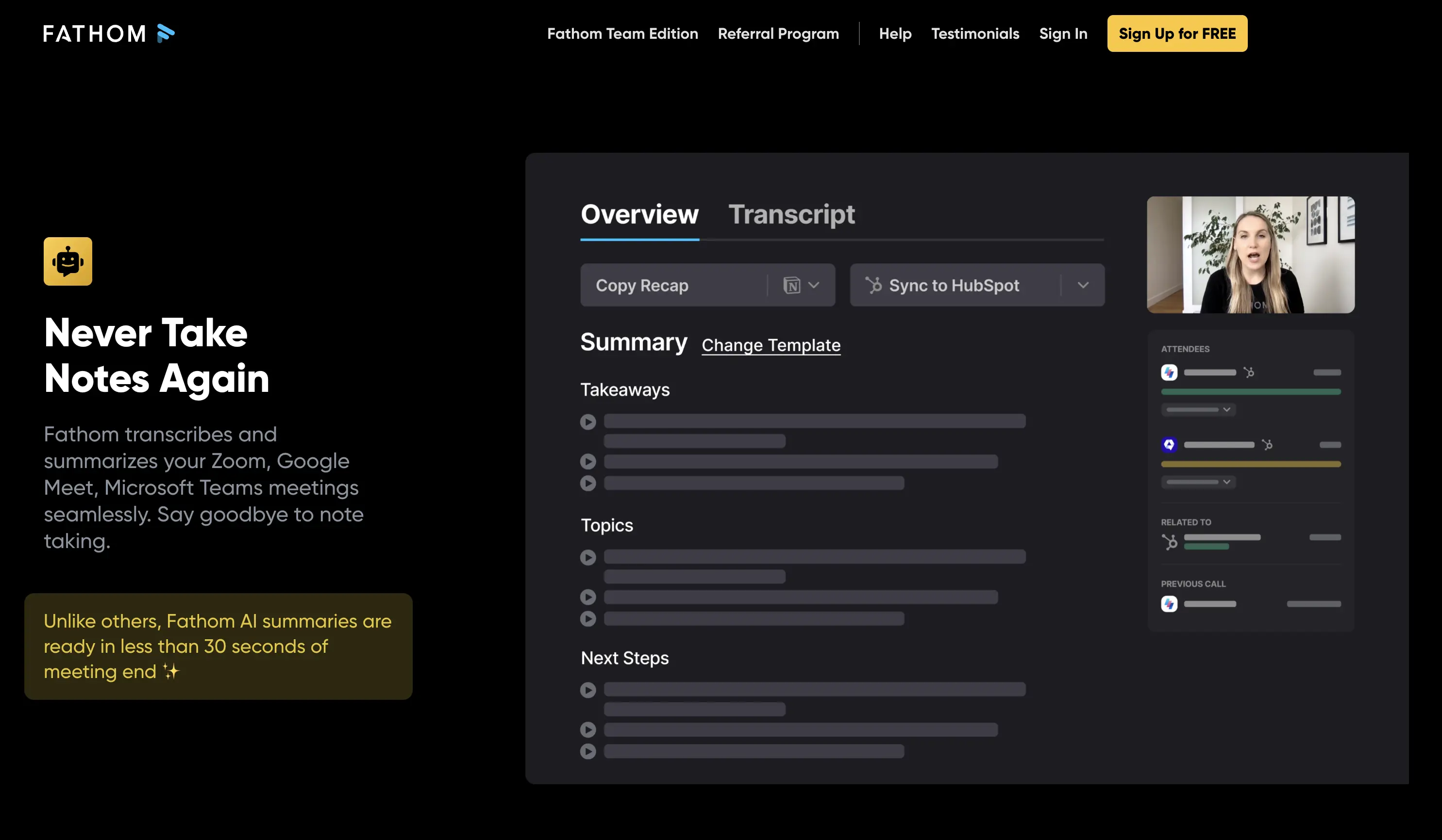 The web page of Fathom AI notetaker.