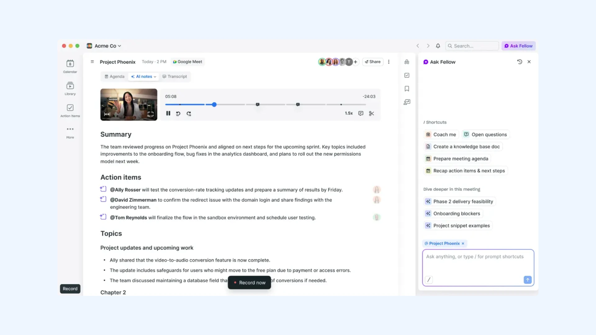 Fellow interface showing the recap of a meeting.