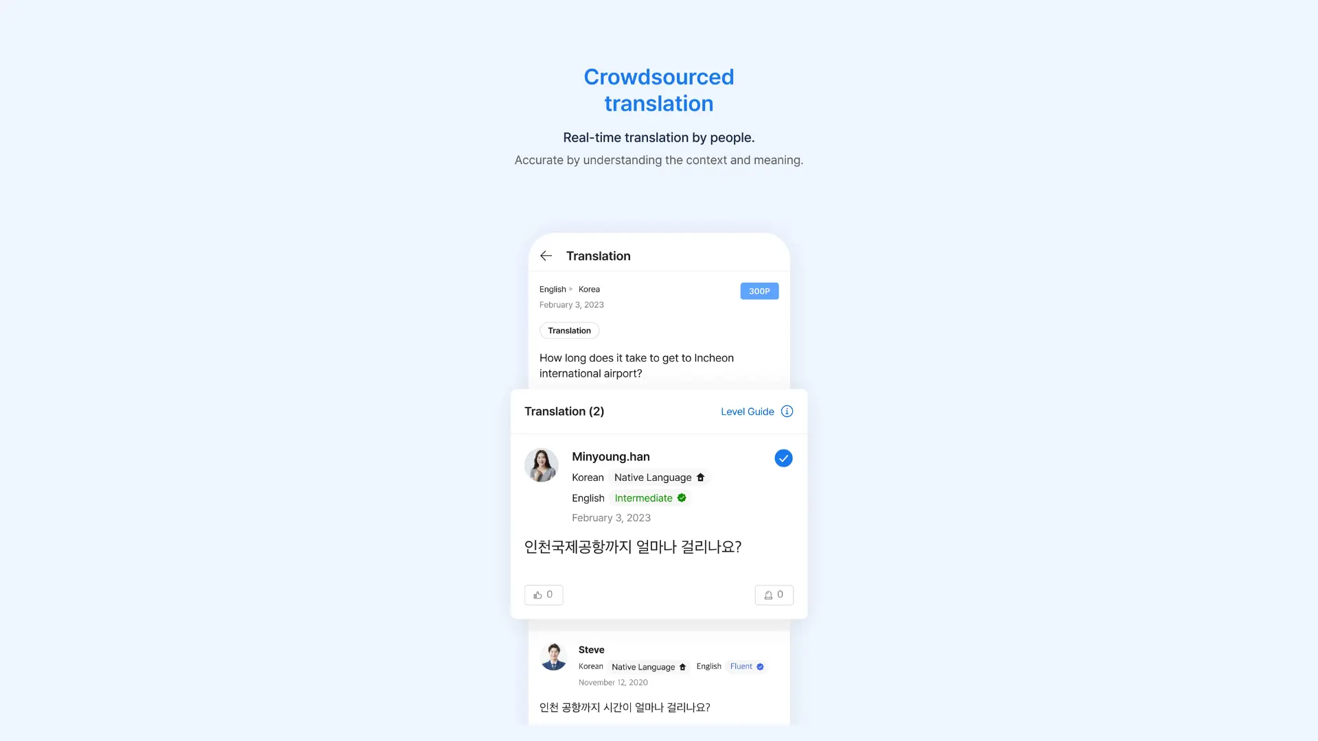 Flitto's "Crowdsourced translation" feature showing a translation request from English to Korean.