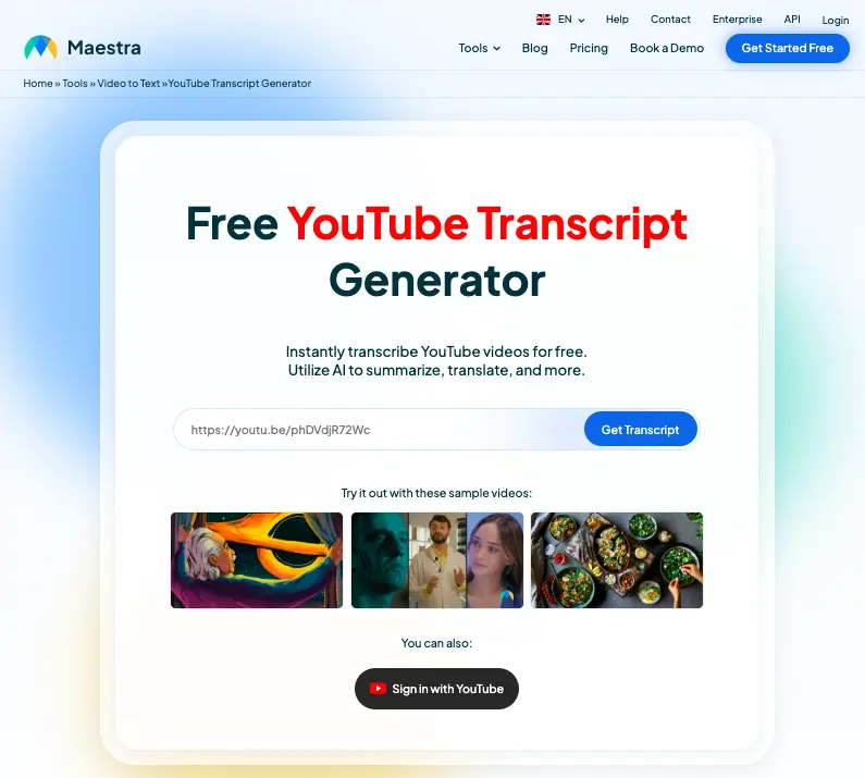 The interface of Maestra's free YouTube transcript generator.