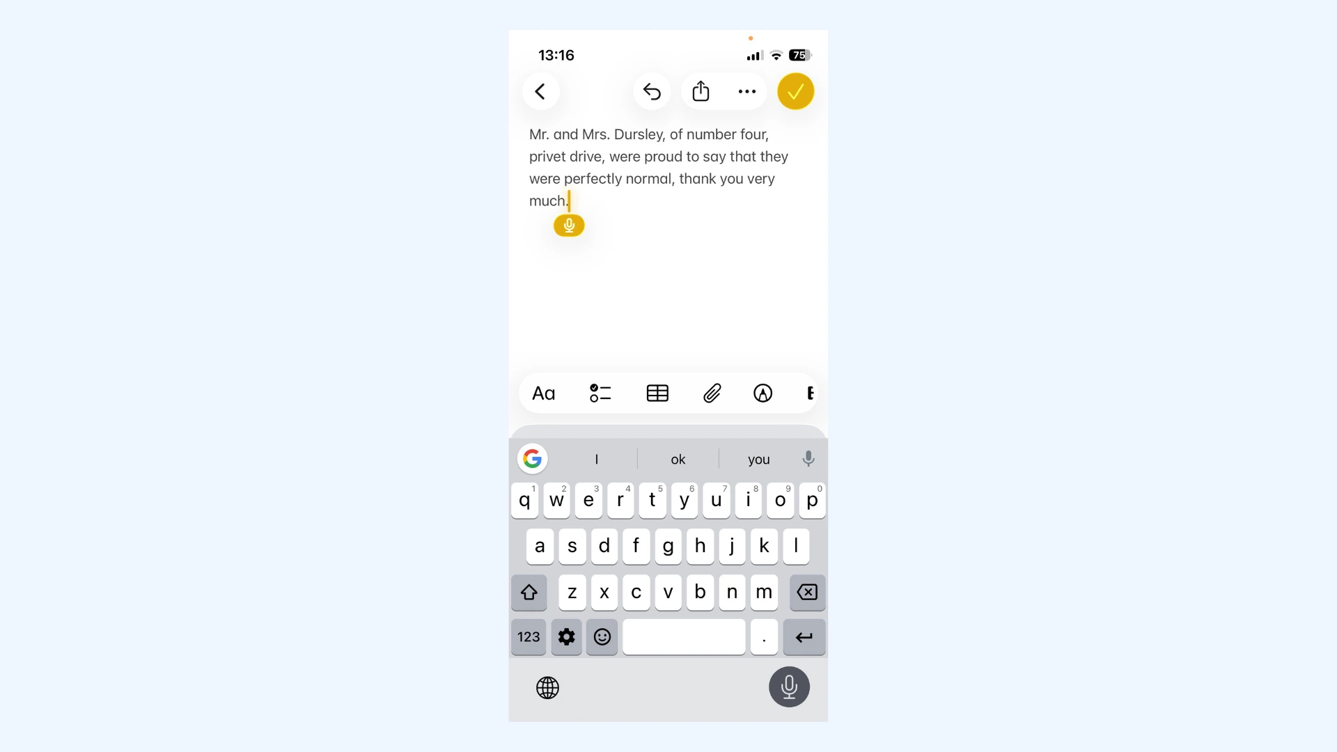 iPhone screen showing Gboard voice typing active, transcribing text into the notes app.