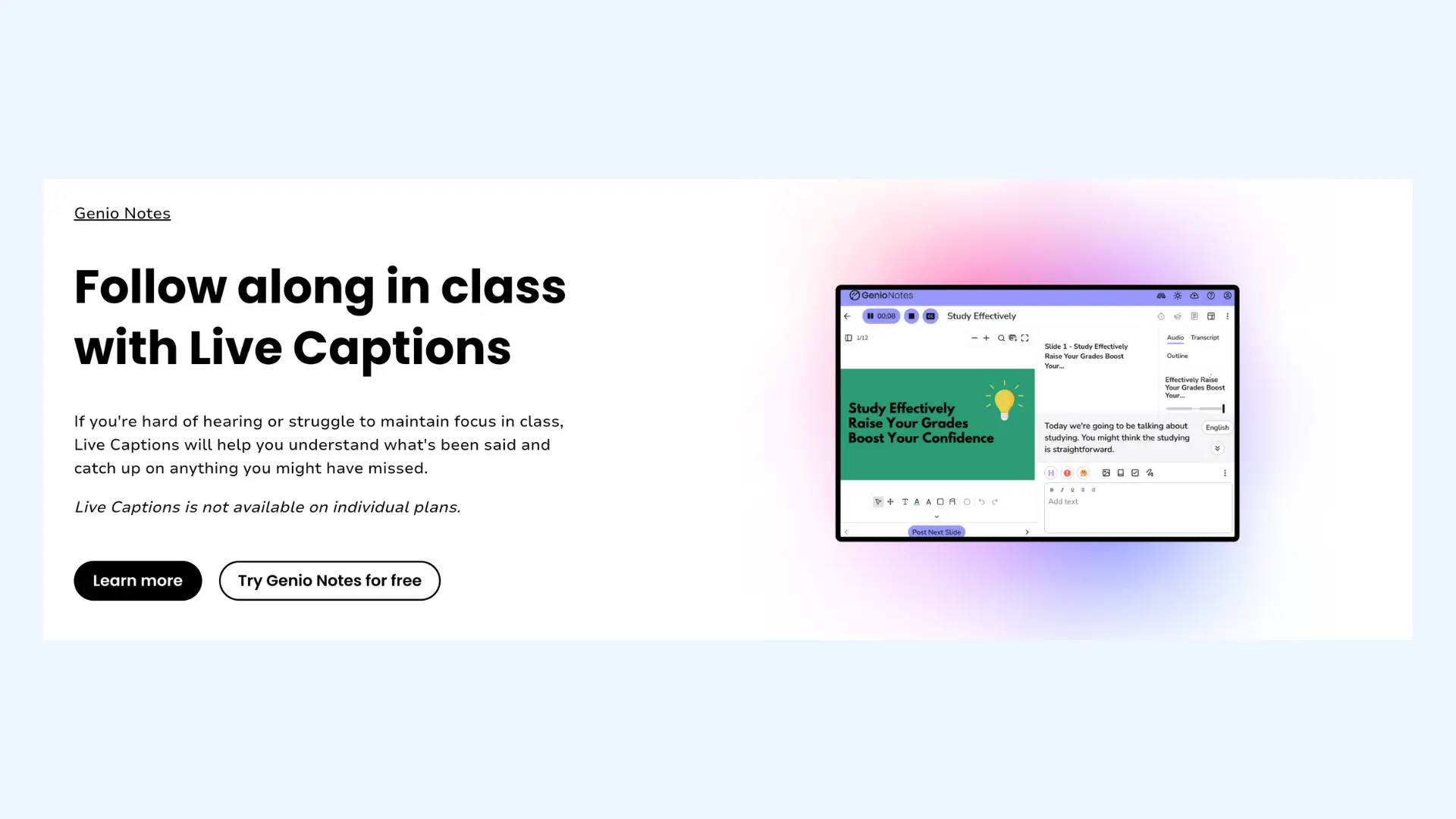 The web page of Genio Notes for real-time captioning services.