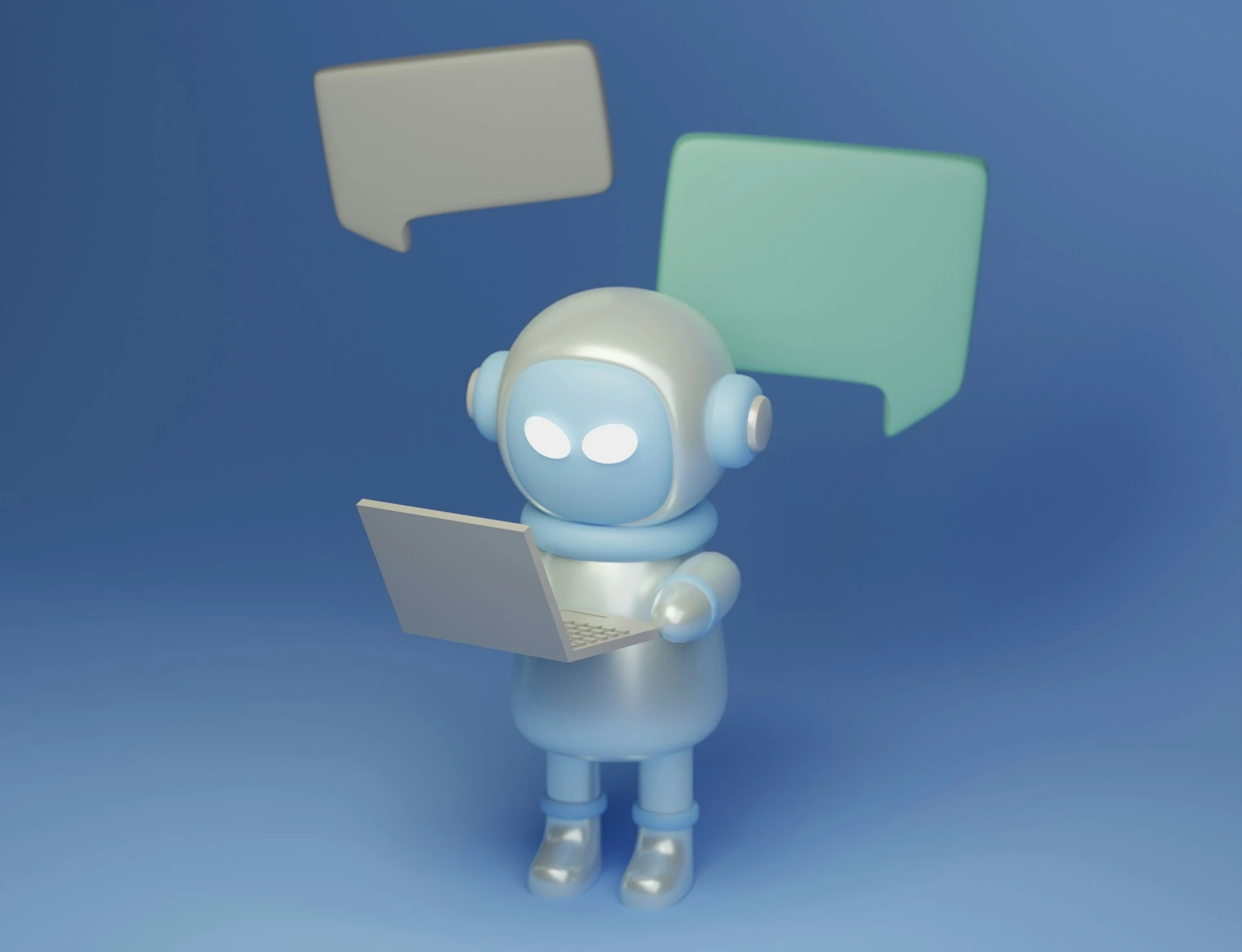 3D illustration of a small silver robot using a laptop with floating speech bubbles on a blue background.