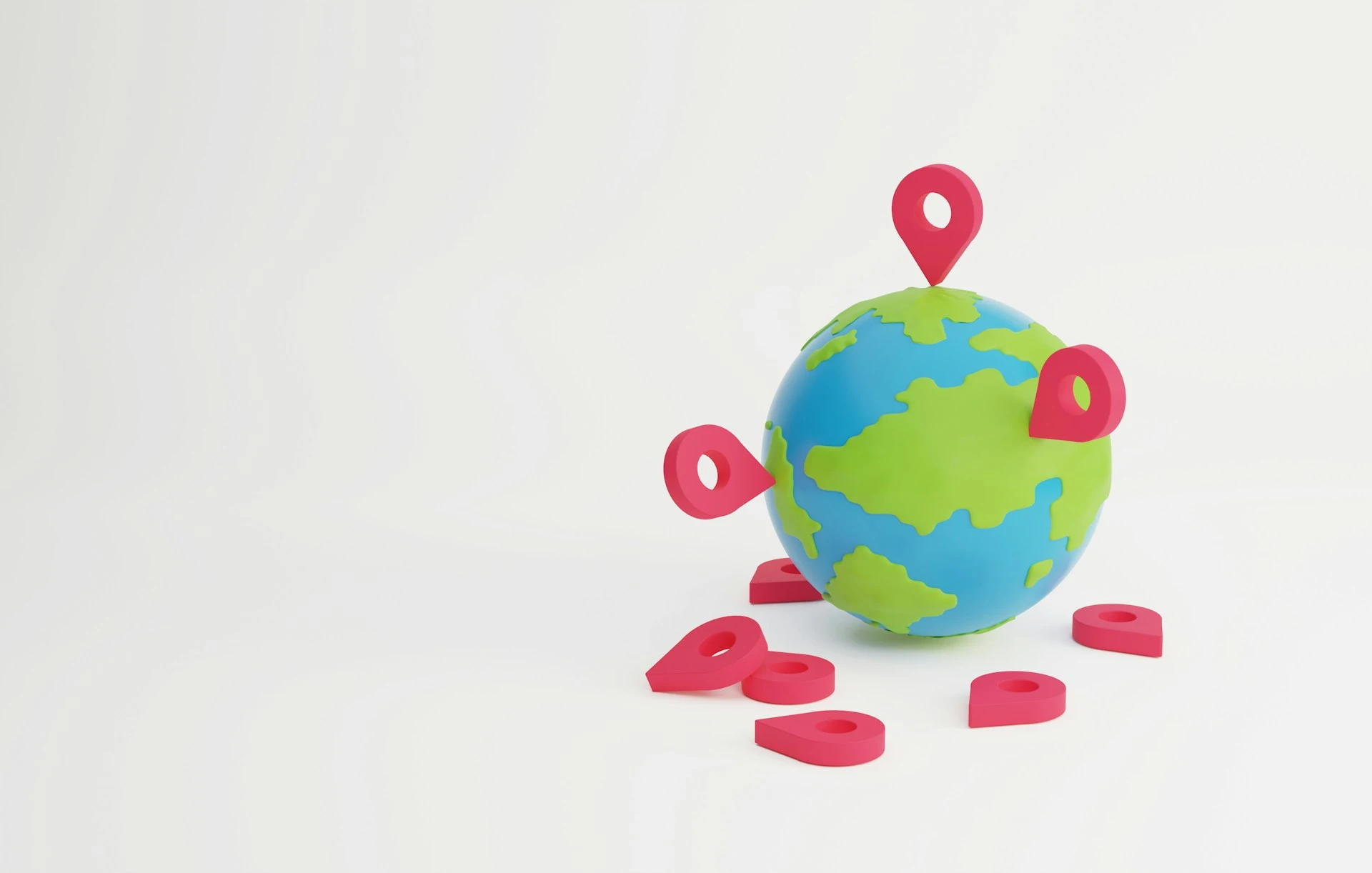 A 3D illustration of a cartoon-style globe with several red location pins stuck into it.