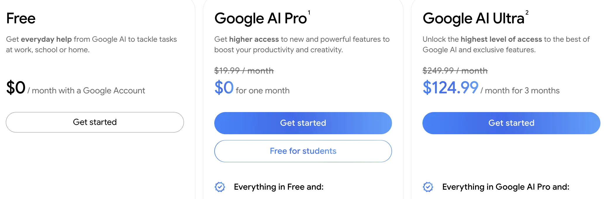 Subscription plans for Google AI Pro and Ultra.
