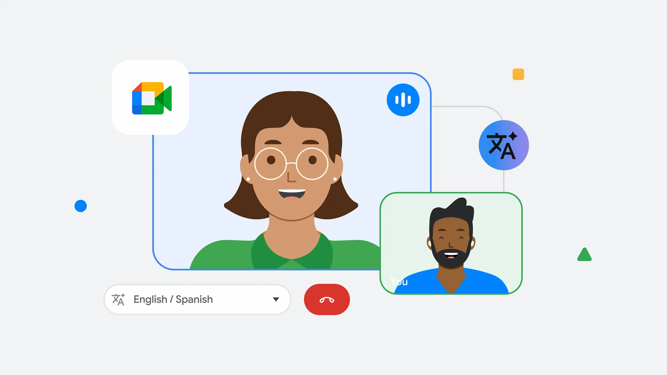An illustration of a Google Meet video call interface featuring two diverse avatars.