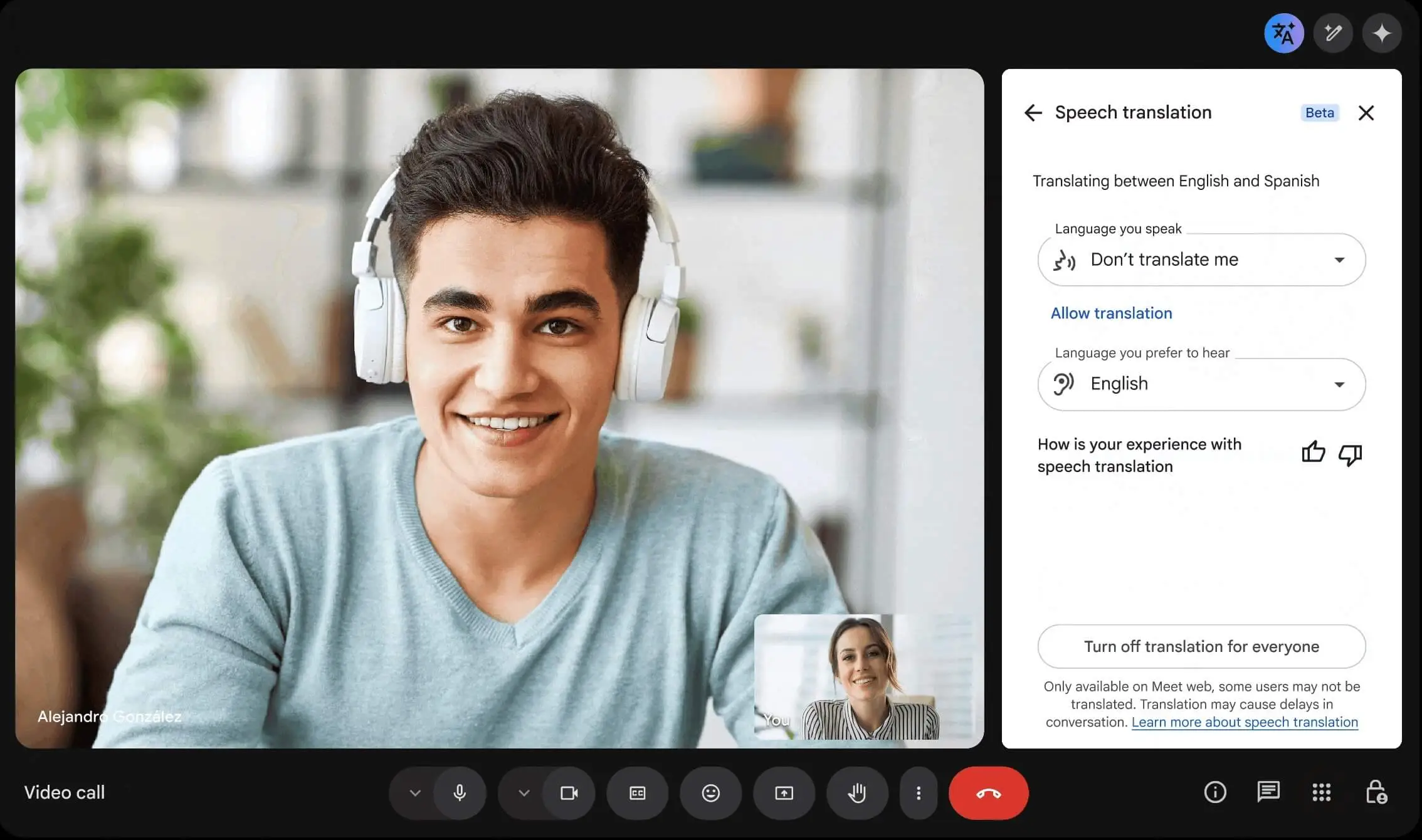 Google Meet interface showing a video call with a "Speech translation" sidebar active for English and Spanish.