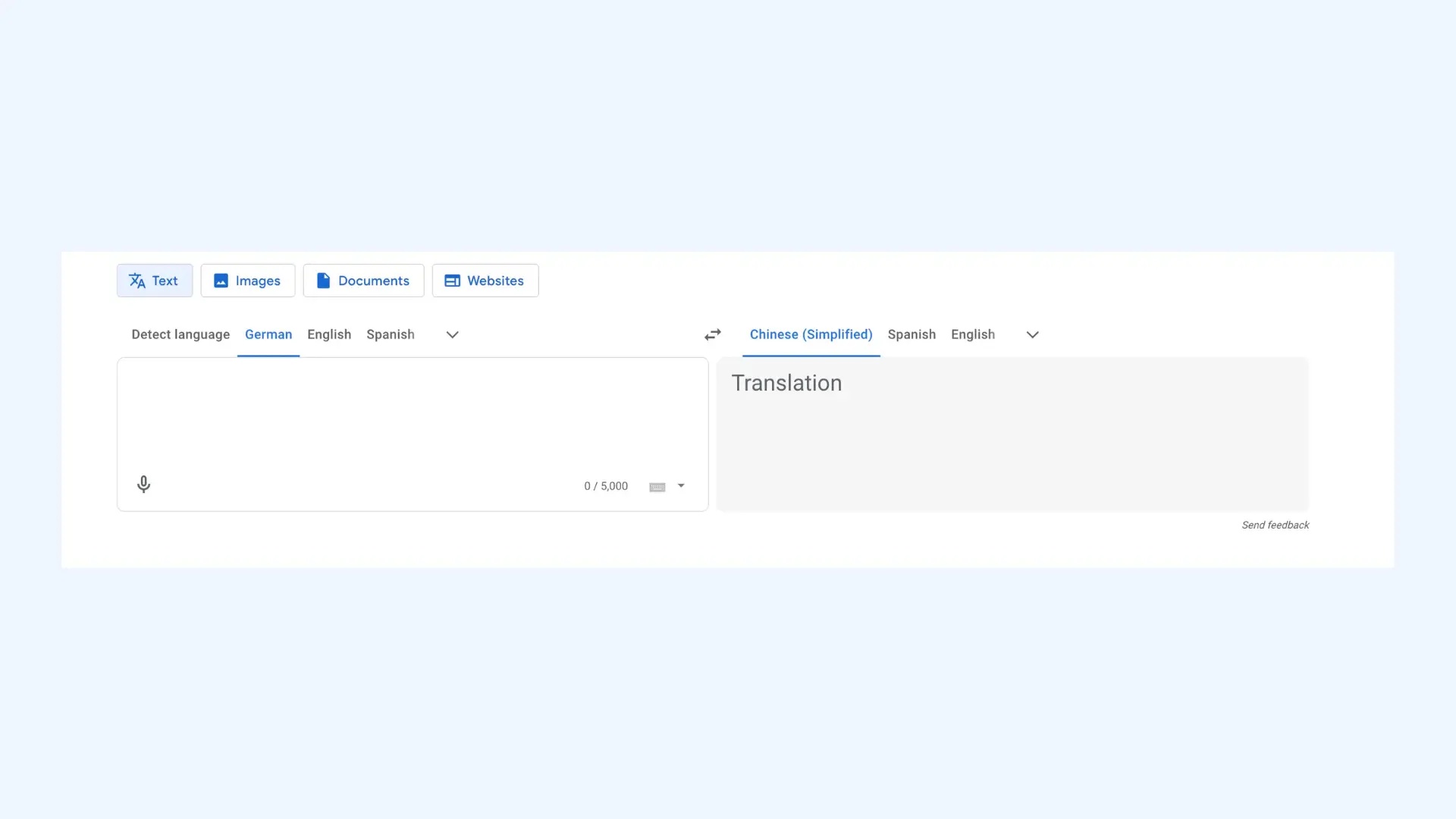 Google Translate web interface set to translate from German to Chinese (Simplified).