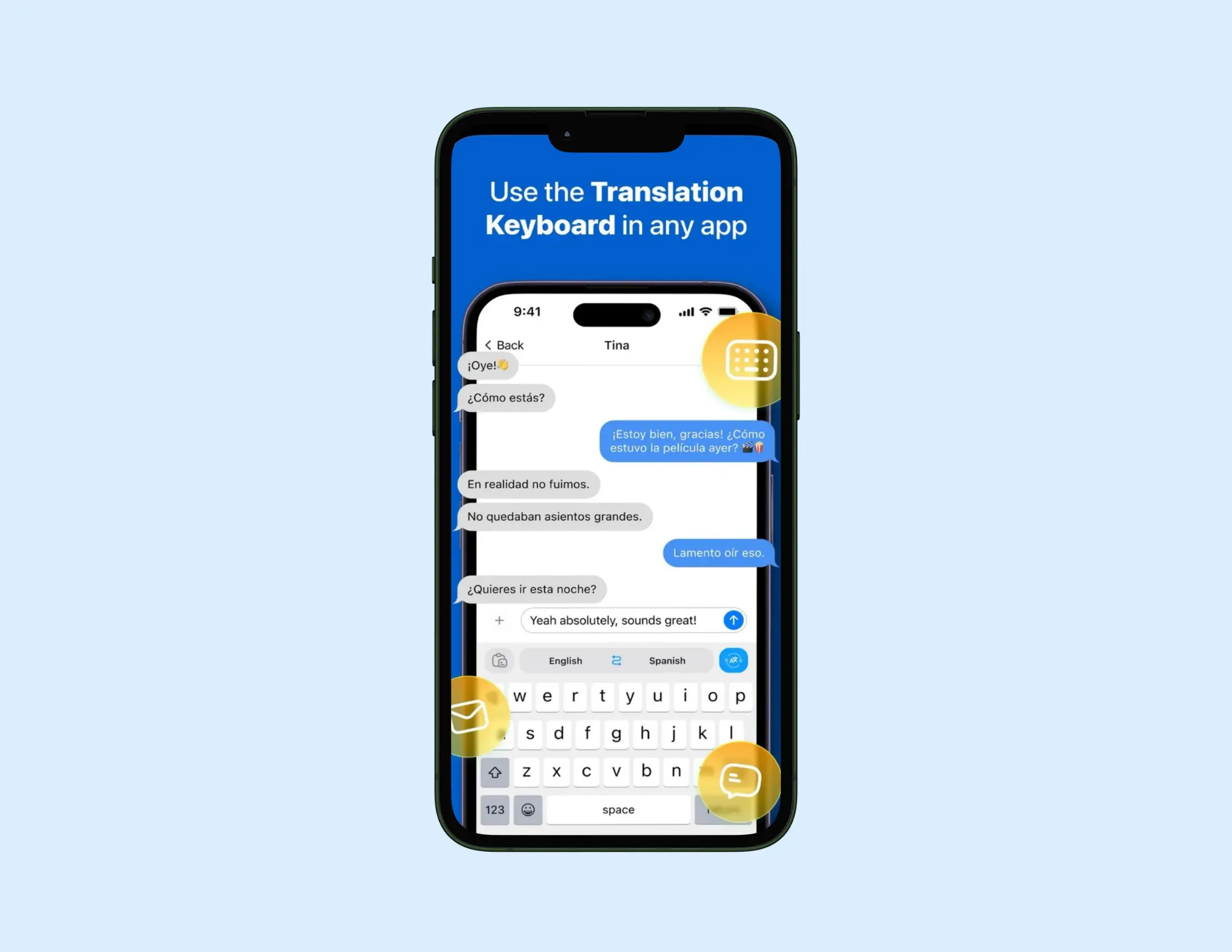 iTranslate translation keyboard interface showing real-time conversation mode on iPhone