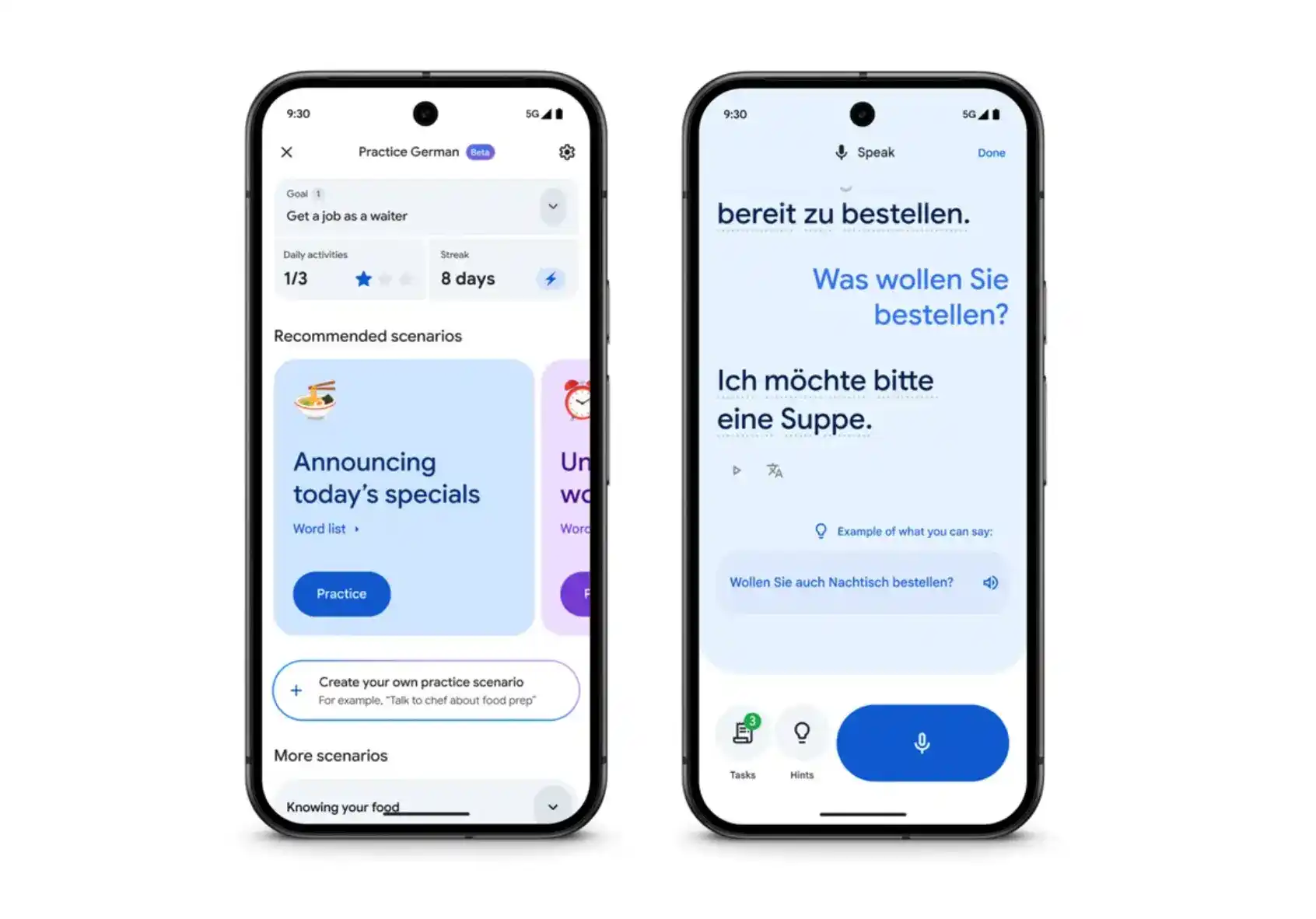 A promotional graphic for Google Translate showing key features including camera translation, offline mode, and conversation mode.